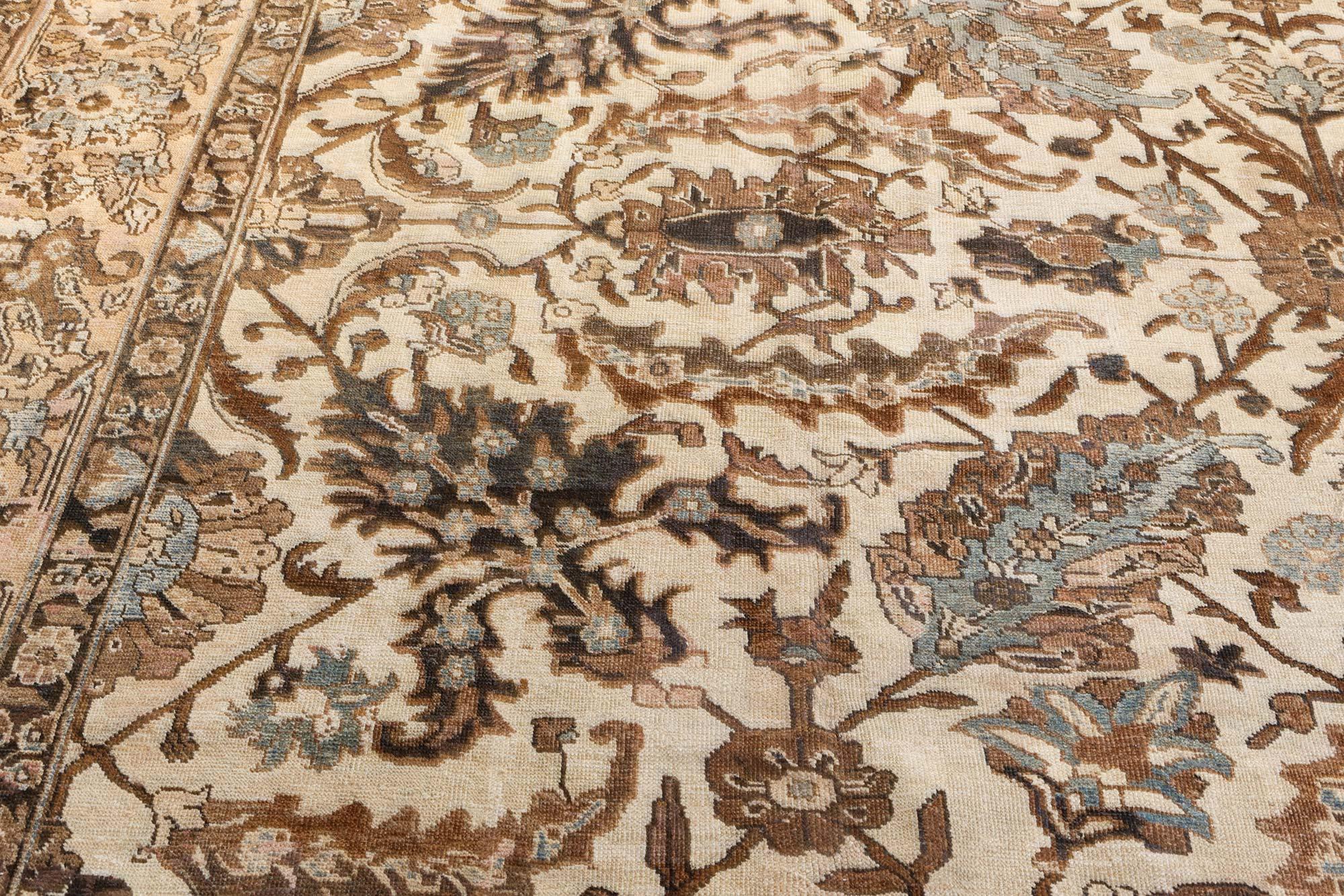Hand-Knotted 1900s Tabriz Ivory, Blue, Brown Handmade Wool Rug For Sale