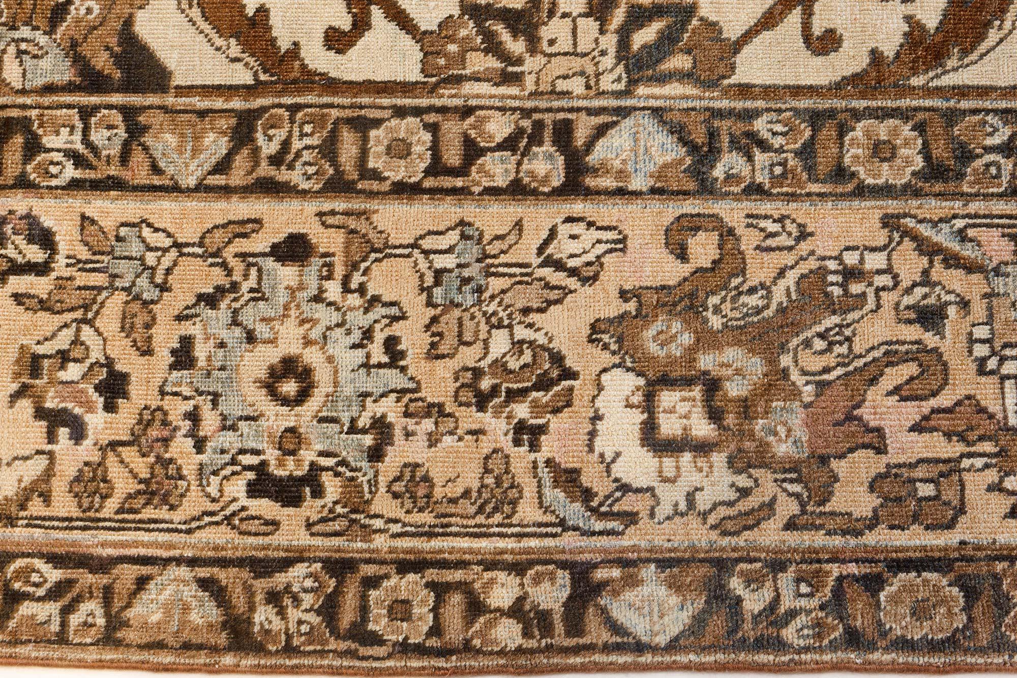 1900s Tabriz Ivory, Blue, Brown Handmade Wool Rug In Good Condition For Sale In New York, NY