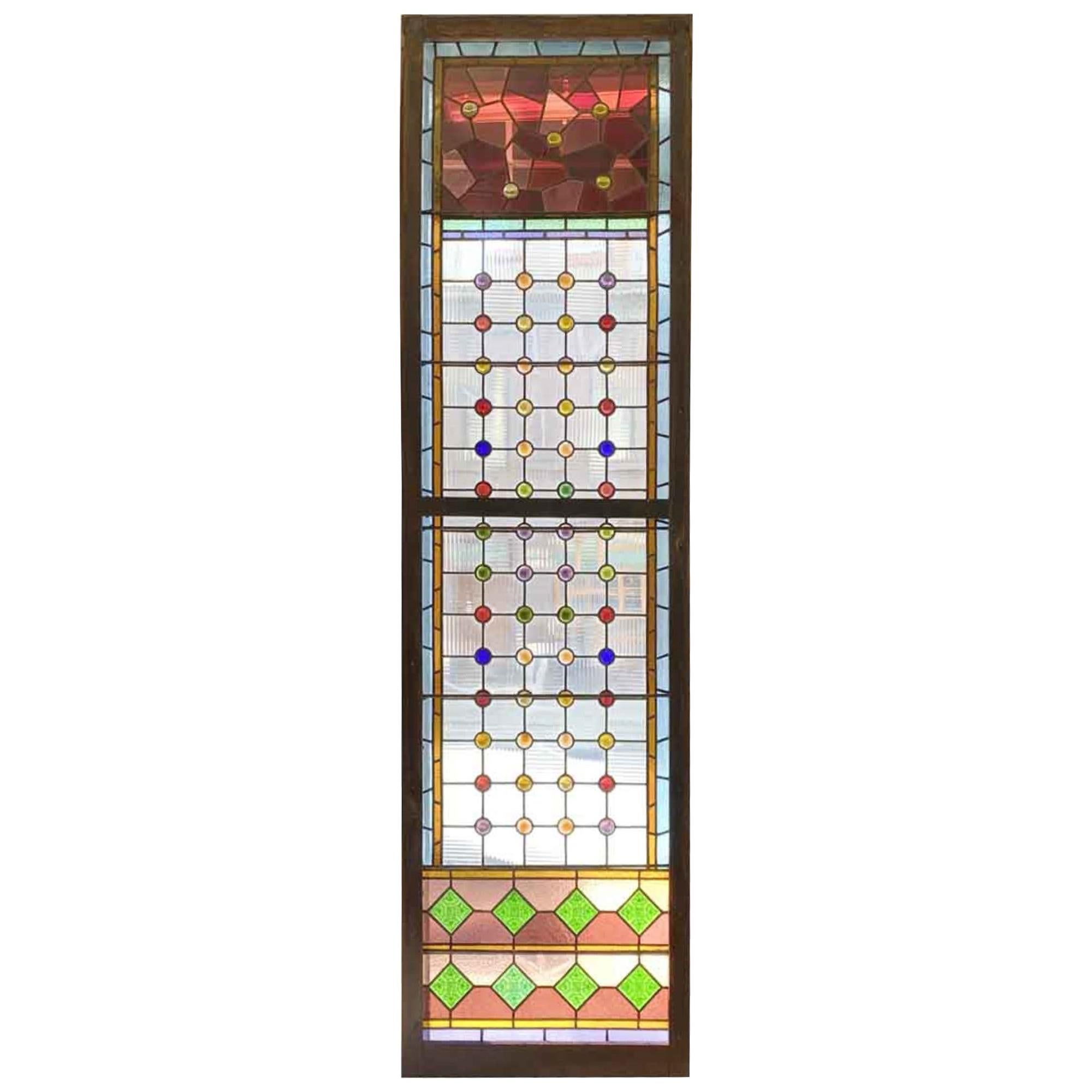 1900s Tall Victorian Stained Glass Window 61 Round Jewels