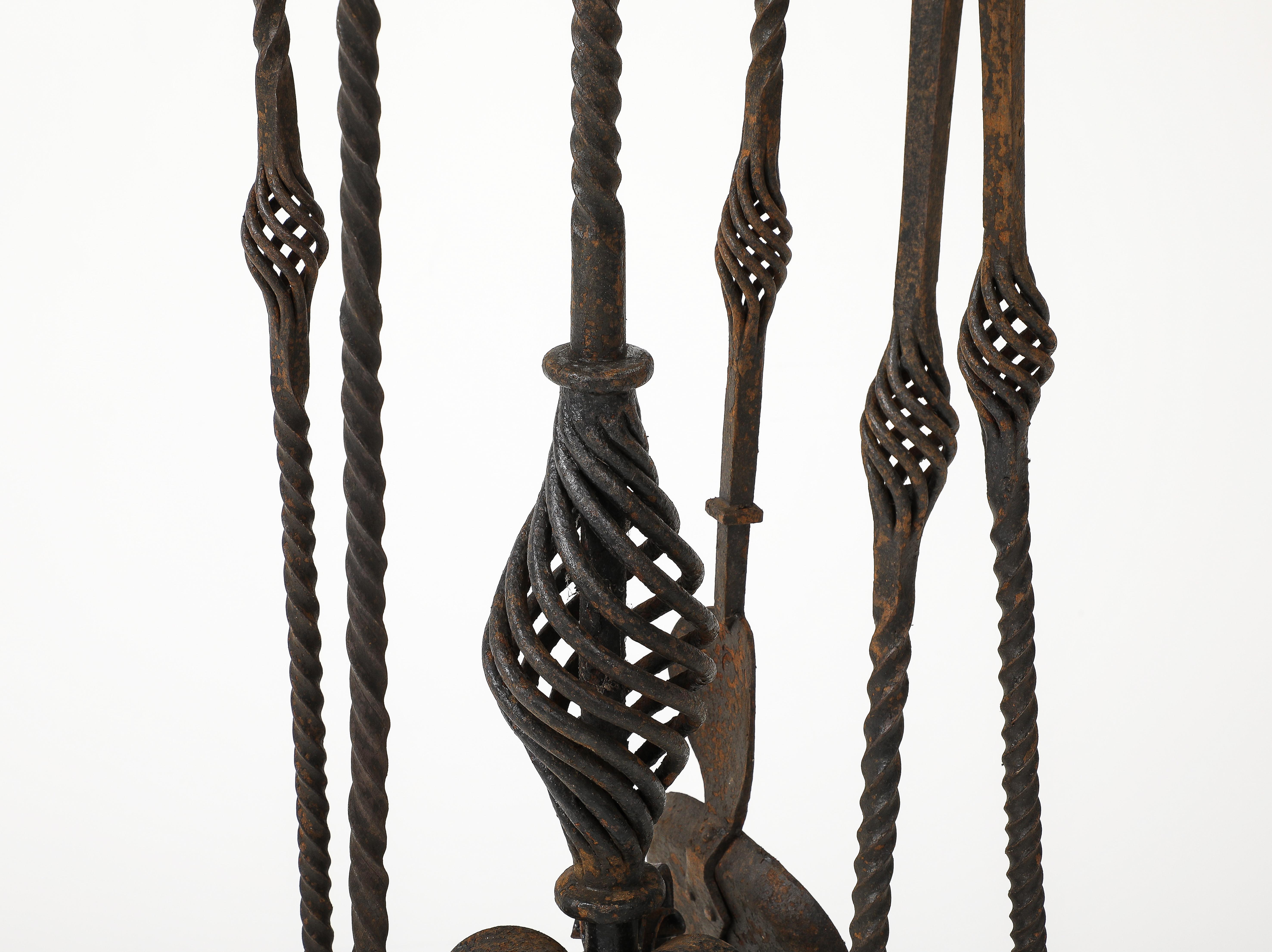 Metal 1900's Tall wrought iron fire place tools For Sale
