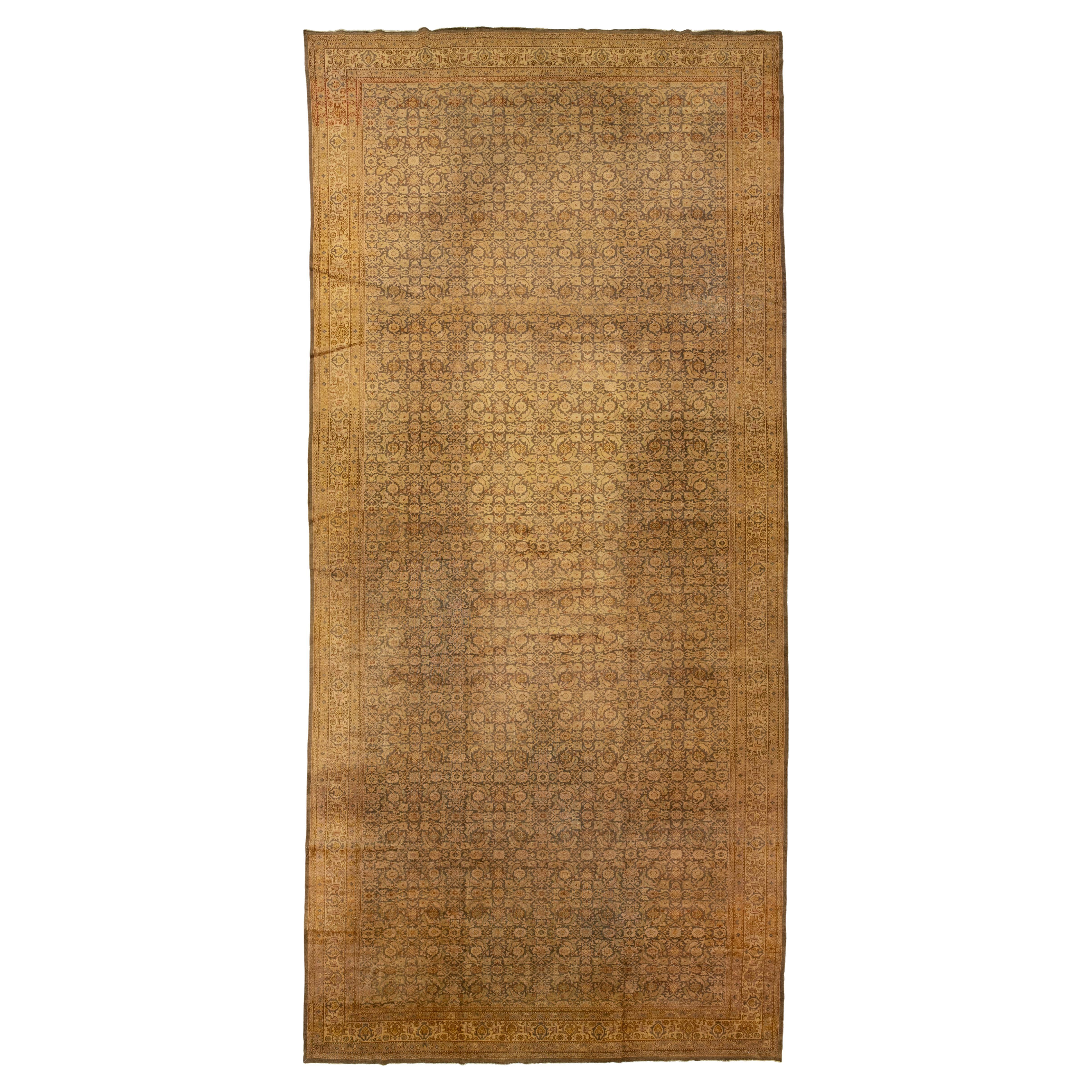 1900s Tan Antique Indian Agra Oversized Wool Rug with Allover Pattern