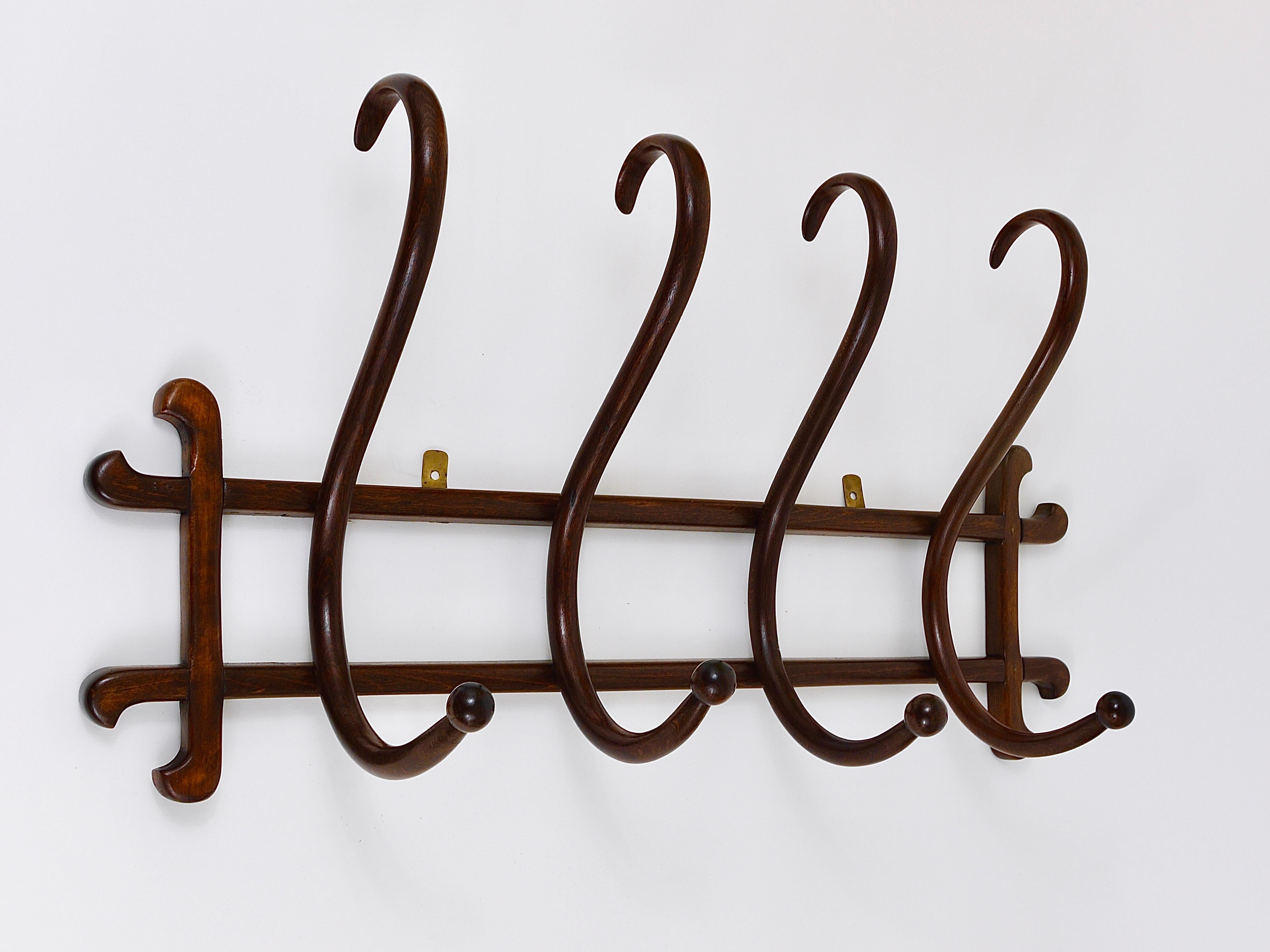 1900s Thonet Art Nouveau Secession Bentwood Wall Coat Rack with four Hangers 4