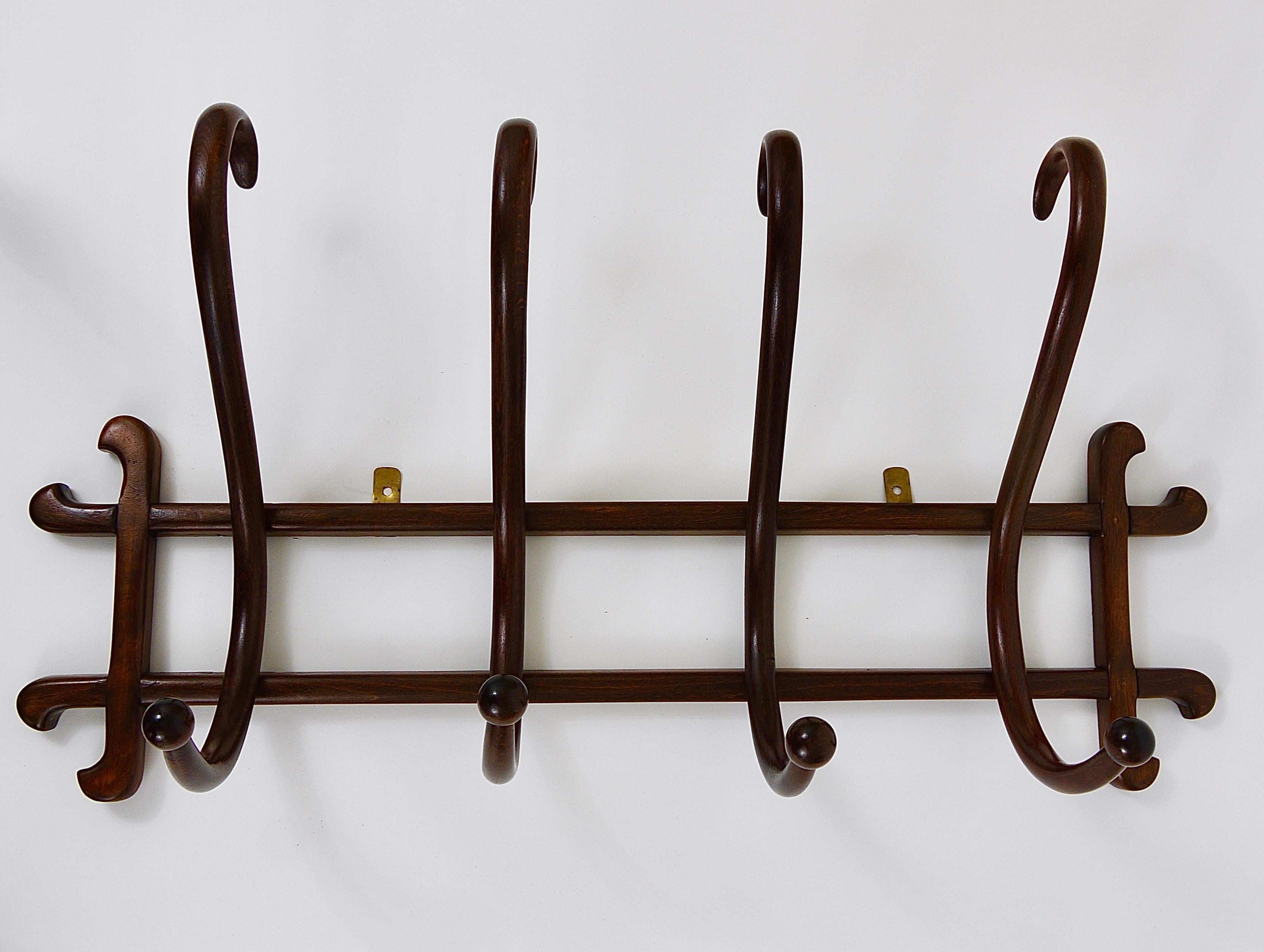 1900s Thonet Art Nouveau Secession Bentwood Wall Coat Rack with four Hangers 5