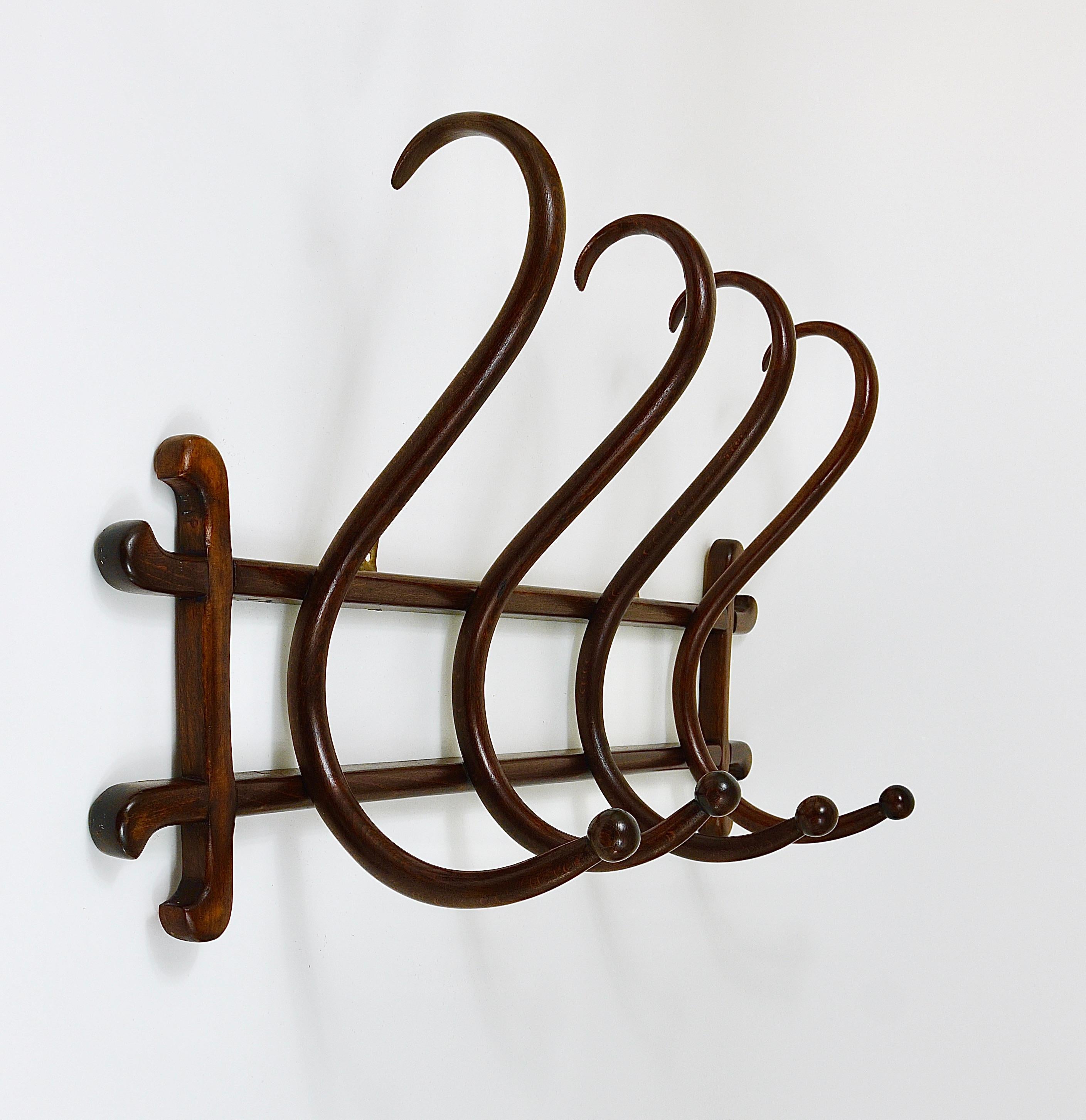 Early 20th Century 1900s Thonet Art Nouveau Secession Bentwood Wall Coat Rack with four Hangers