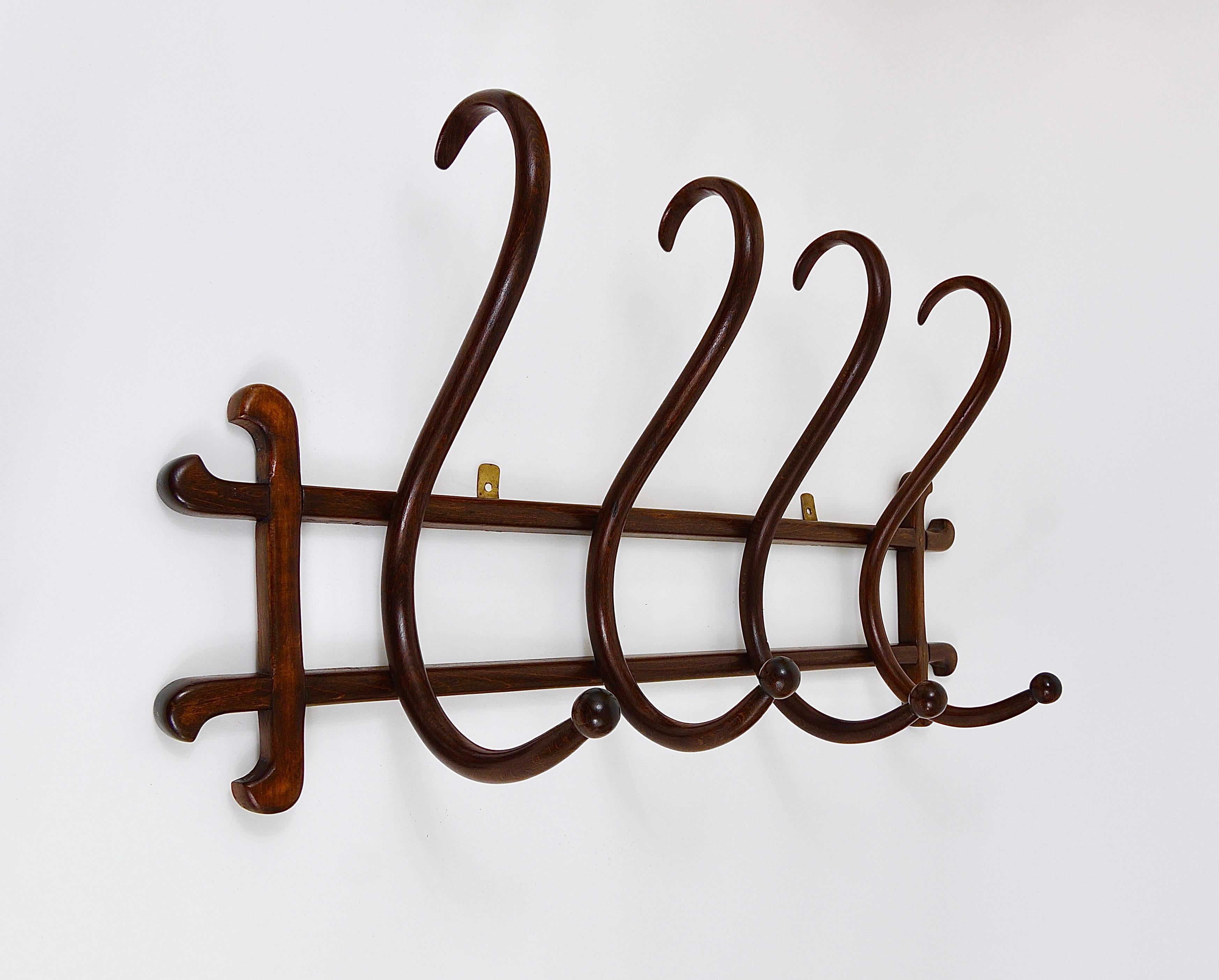 1900s Thonet Art Nouveau Secession Bentwood Wall Coat Rack with four Hangers 2
