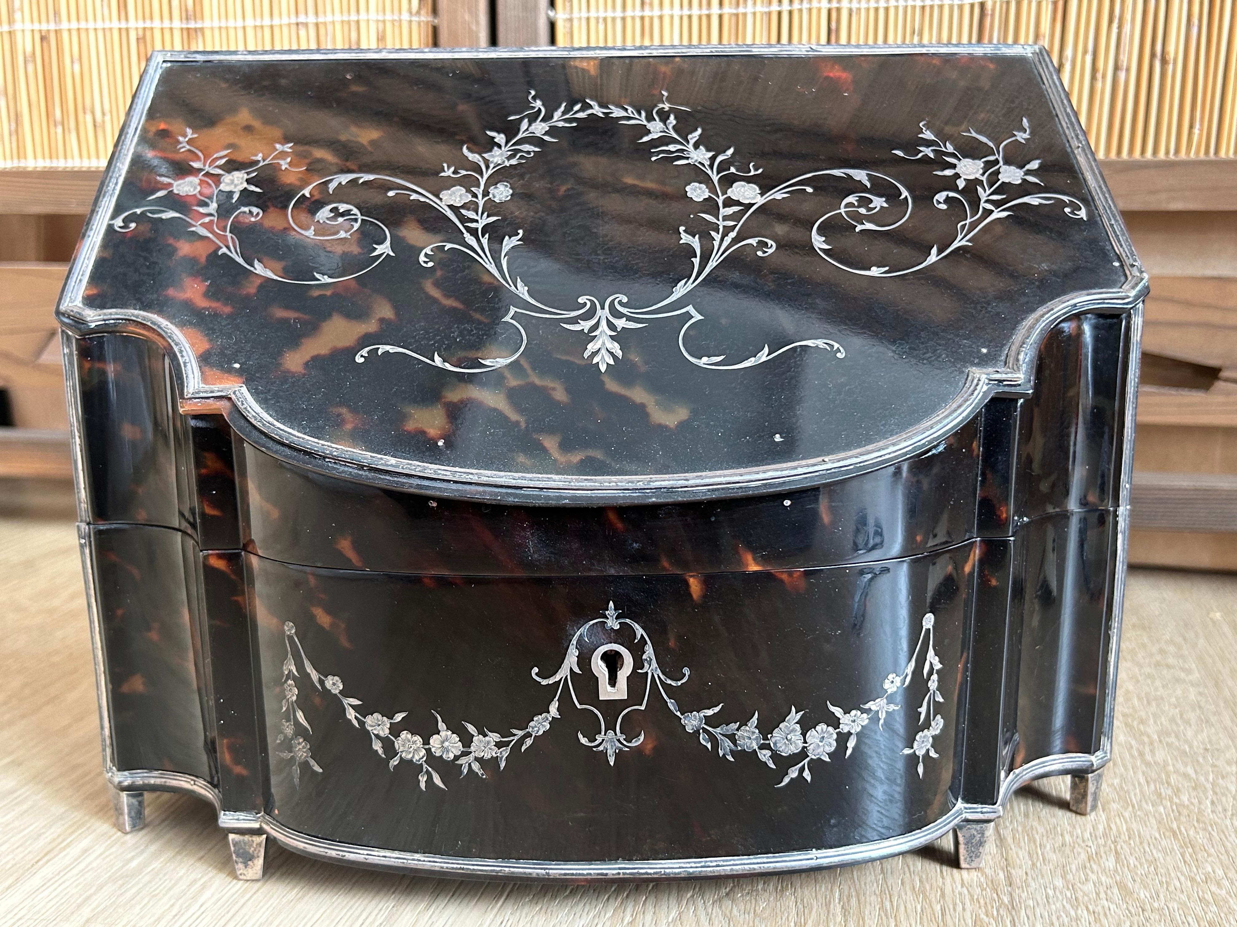 1900's Tortoiseshell and Silver Pique Work Letter Box For Sale 4