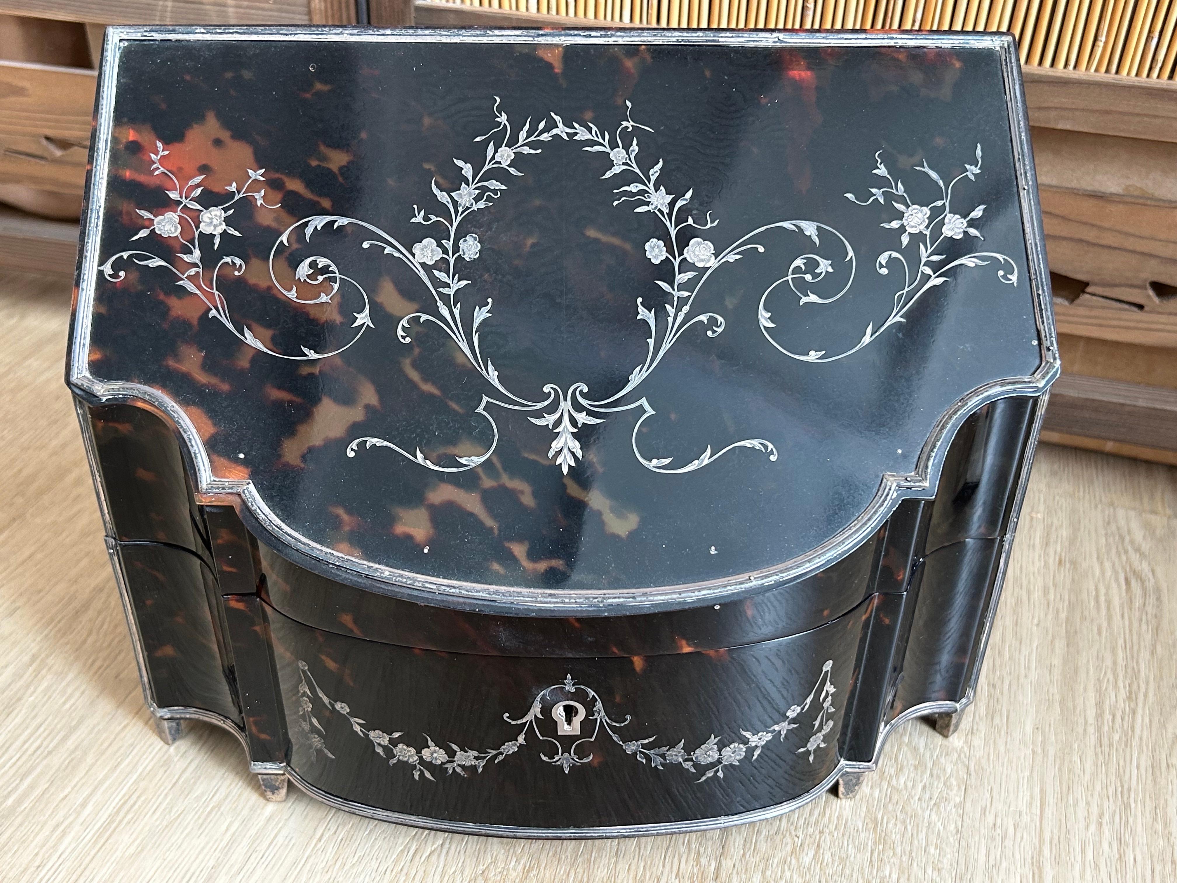 British 1900's Tortoiseshell and Silver Pique Work Letter Box For Sale