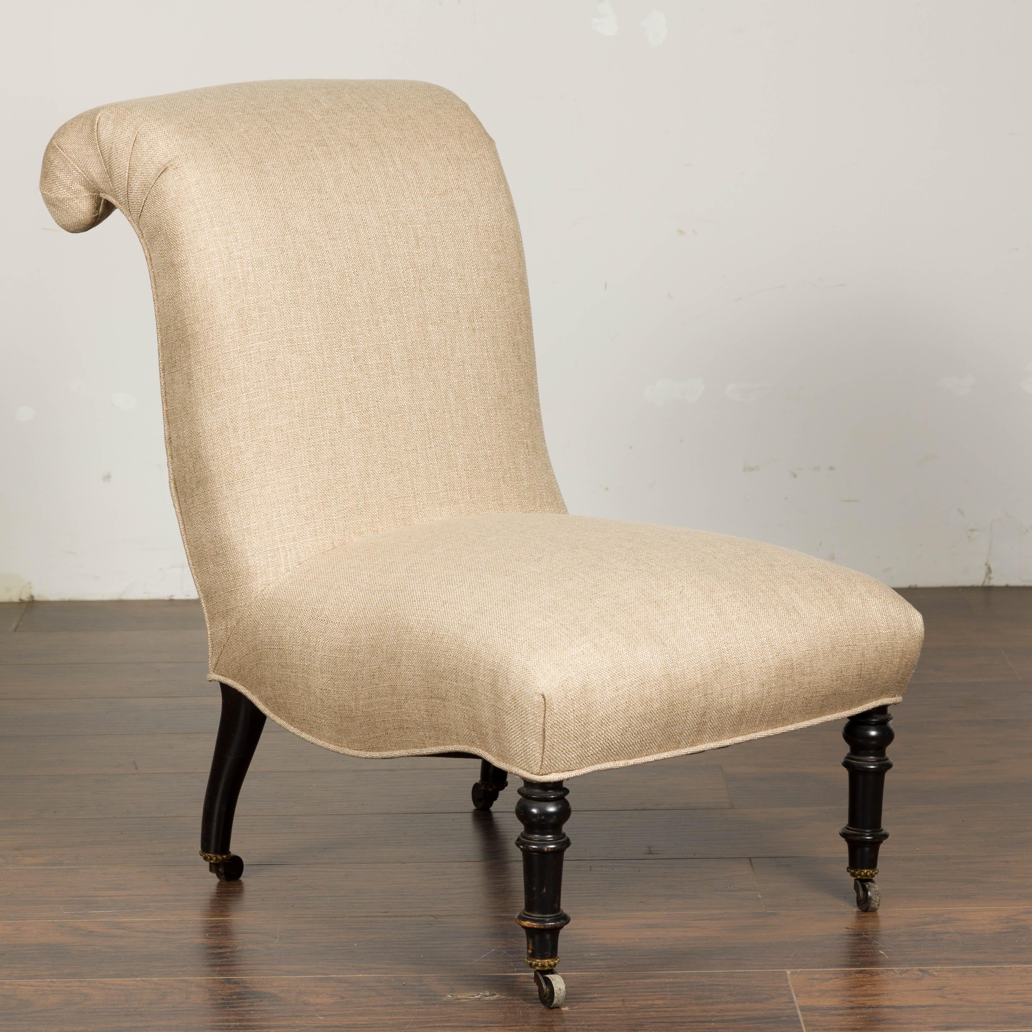 Upholstery 1900s Turn of the Century French Slipper Chair with Out-Scrolling Back