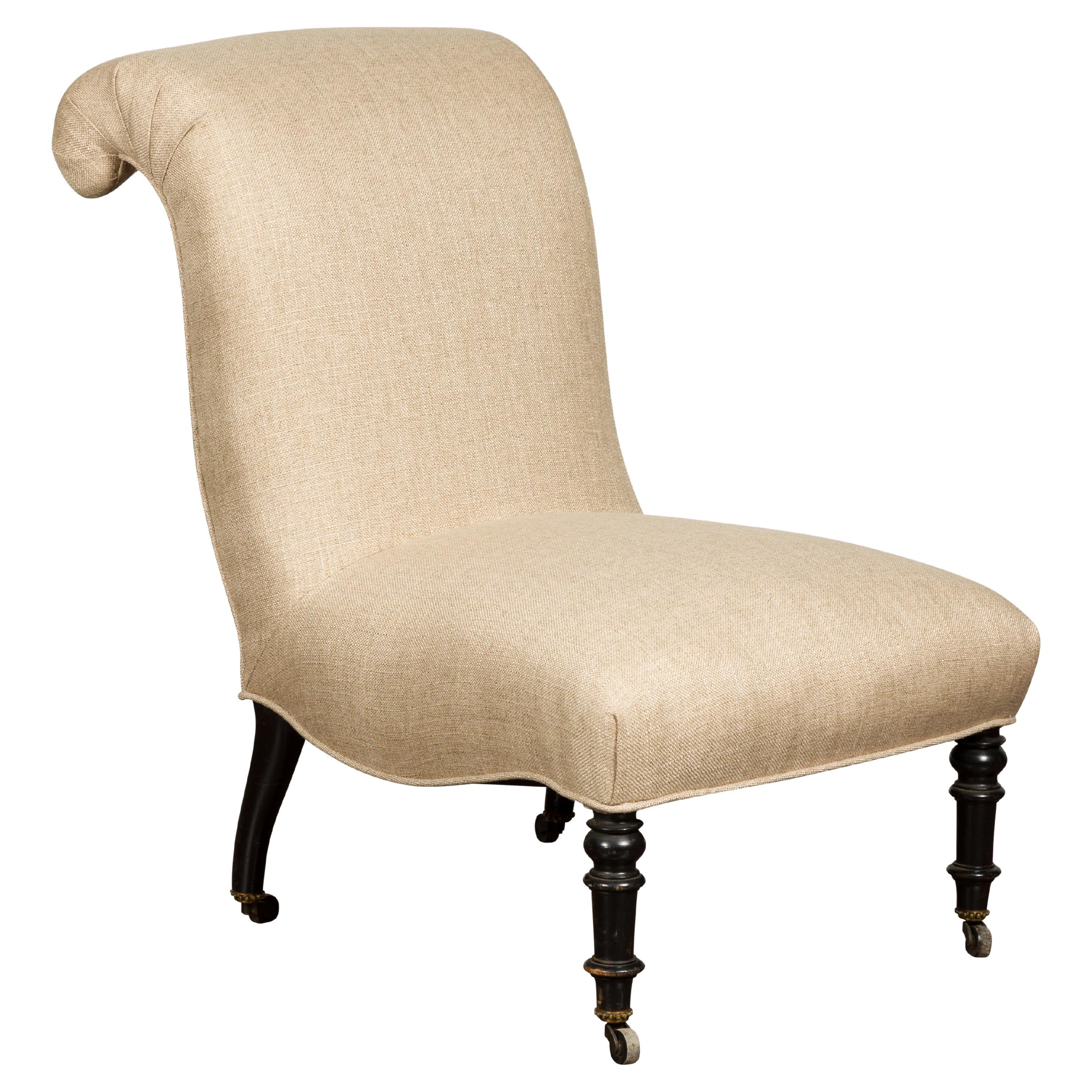 1900s Turn of the Century French Slipper Chair with Out-Scrolling Back For Sale