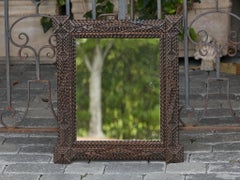 1900s Turn of the Century French Tramp Art Mirror with Carved Geometric Motifs