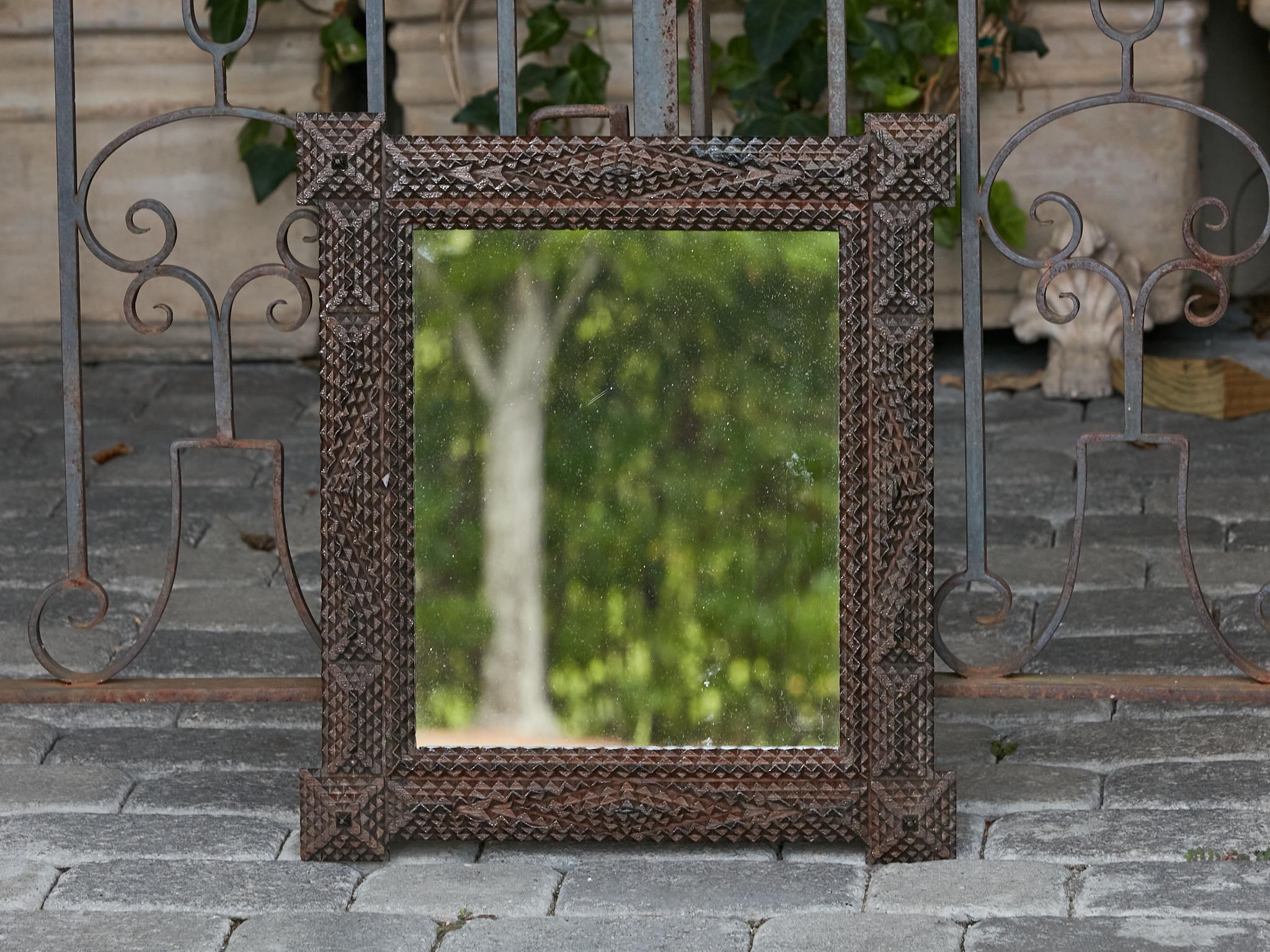 Folk Art 1900s Turn of the Century French Tramp Art Mirror with Carved Geometric Motifs