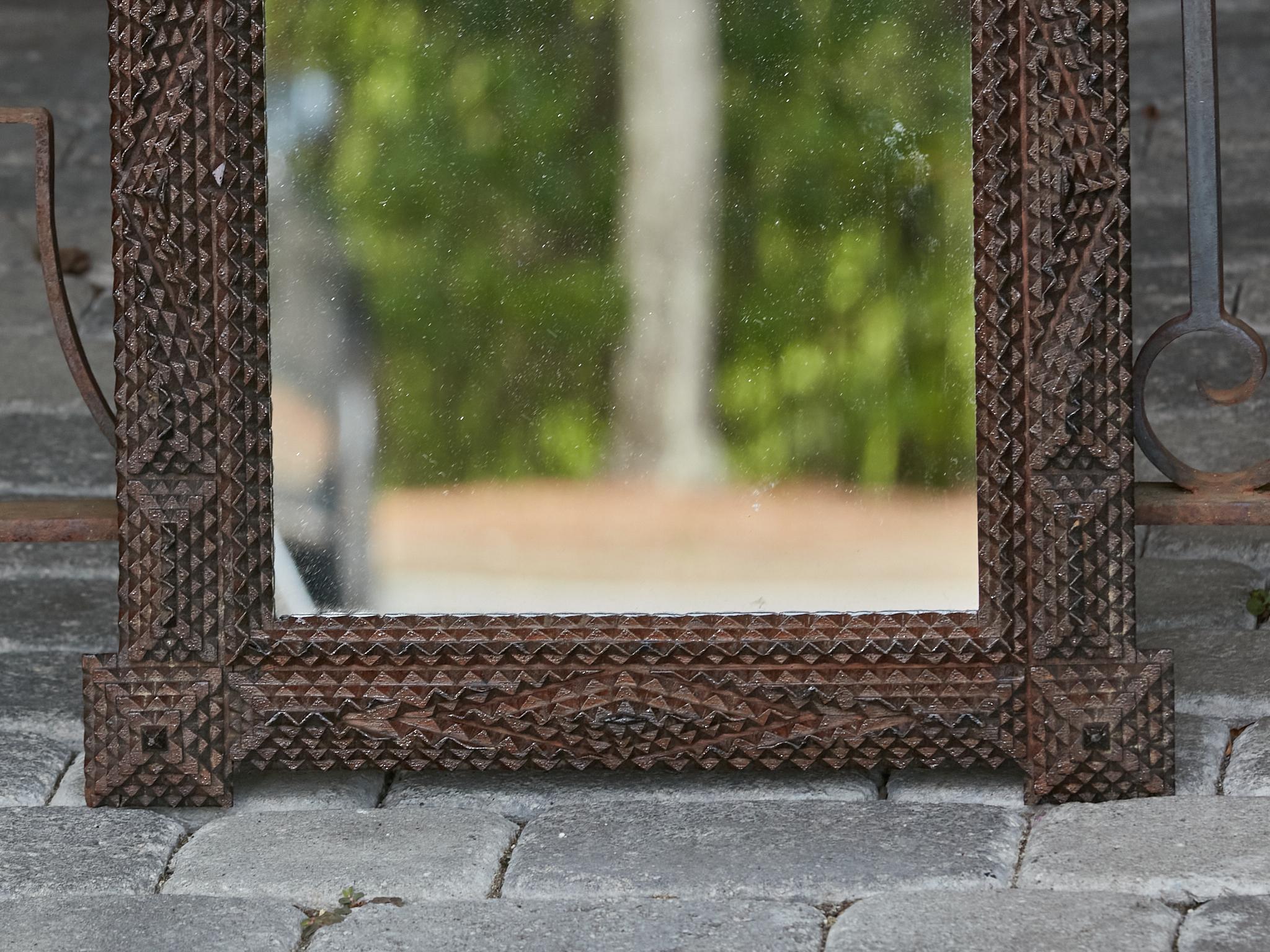 20th Century 1900s Turn of the Century French Tramp Art Mirror with Carved Geometric Motifs