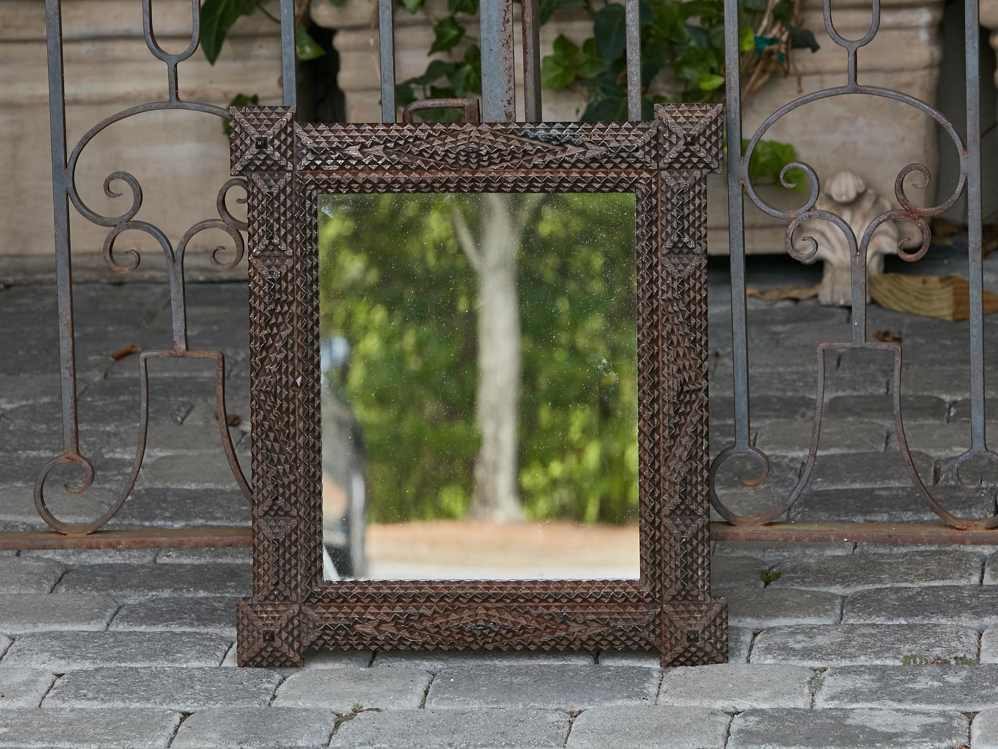 1900s Turn of the Century French Tramp Art Mirror with Carved Geometric Motifs For Sale 2