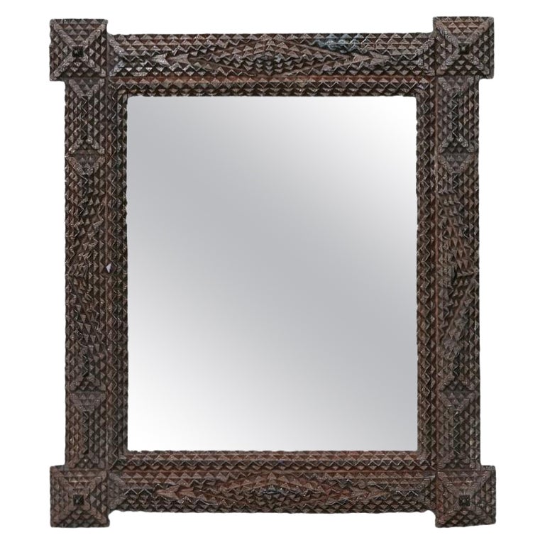 1900s Turn of the Century French Tramp Art Mirror with Carved Geometric Motifs