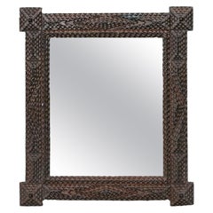 1900s Turn of the Century French Tramp Art Mirror with Carved Geometric Motifs