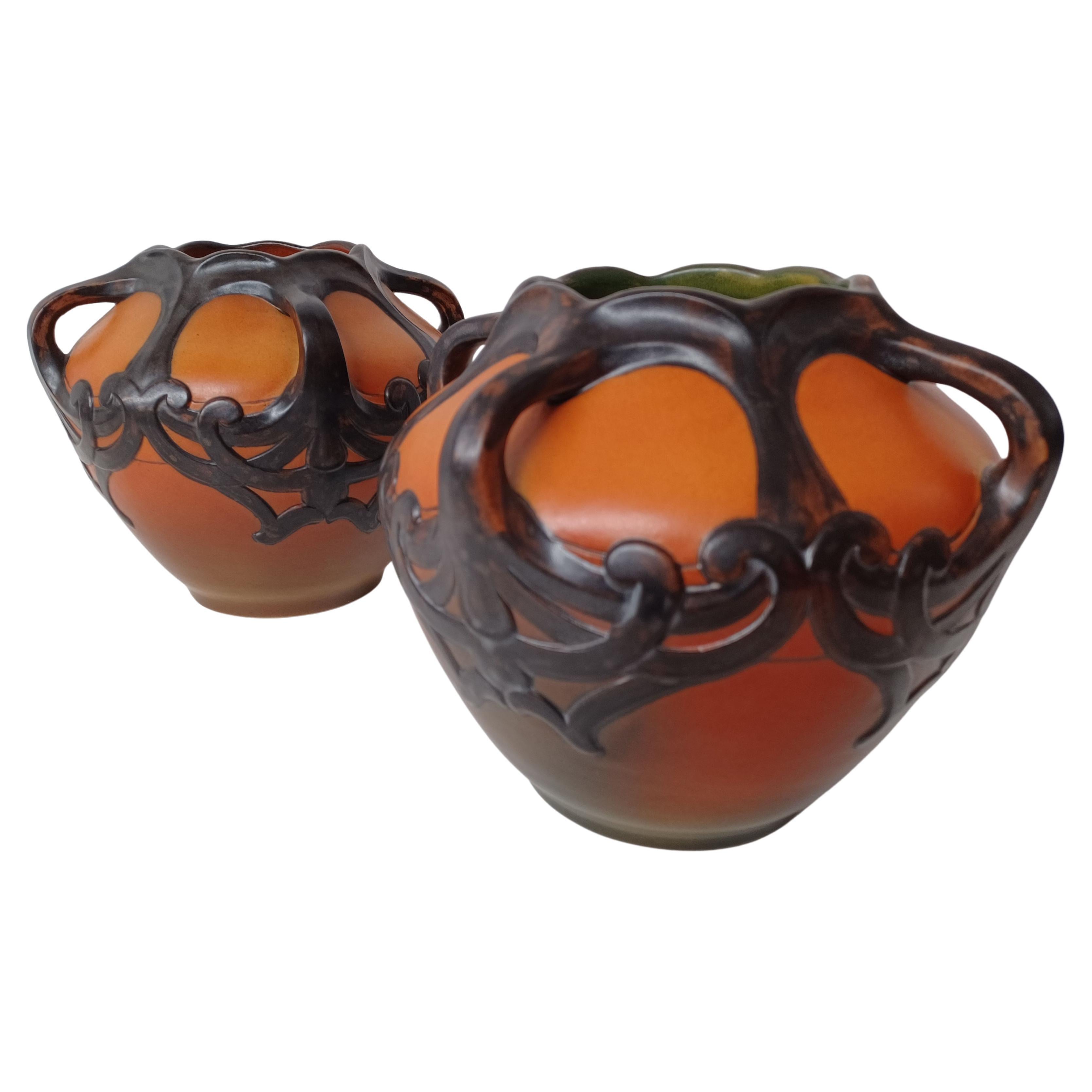 1900s Two Karen Hagen Hand-Crafted Danish Art Nouveau Vases by P. Ipsens Enke For Sale