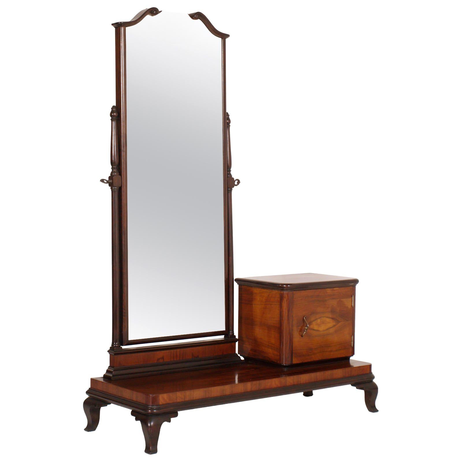 Consola de tocador Art Nouveau de 1900 con espejo biselado original en nogal y burl