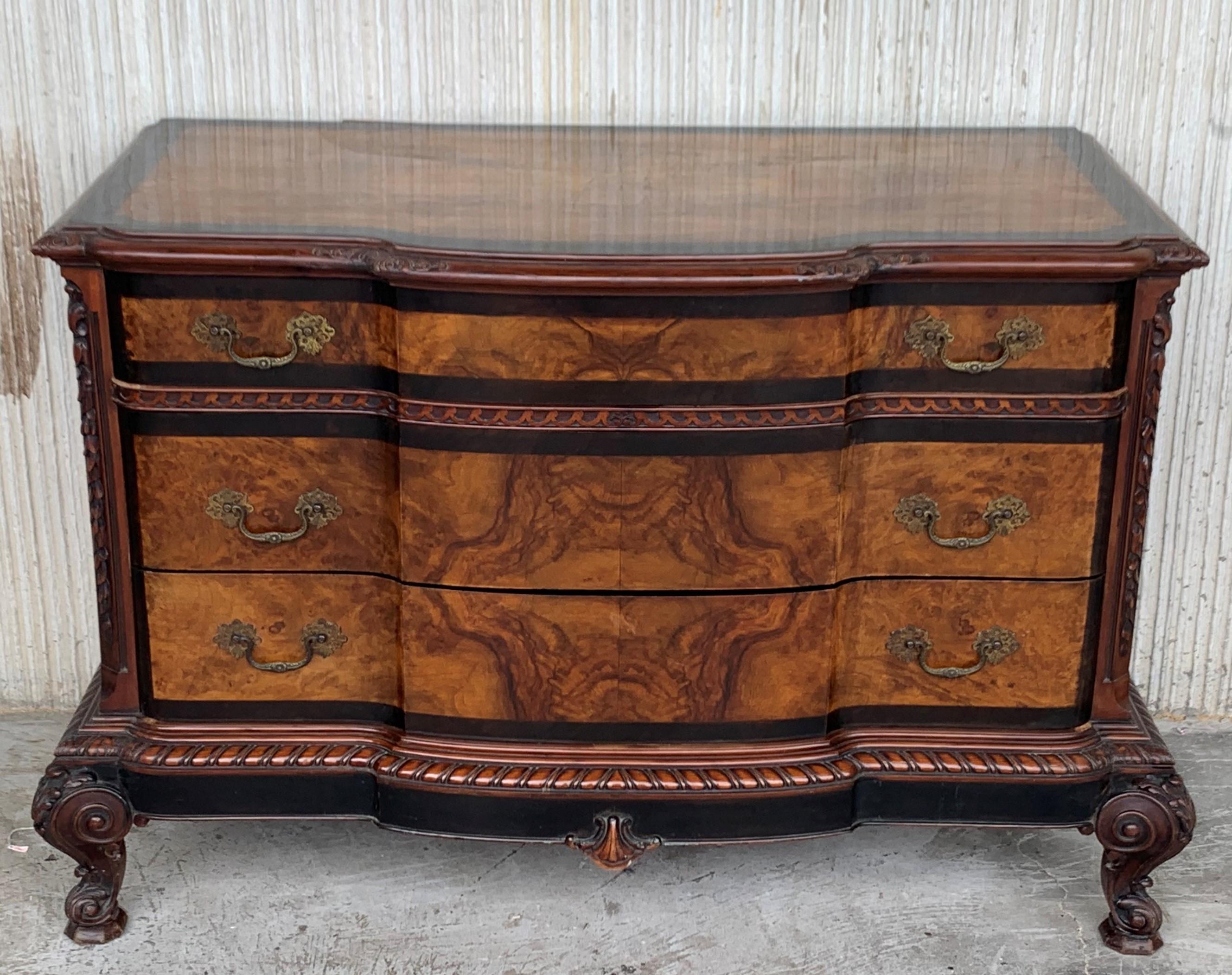 Bronze 1900s Venetian Baroque Dresser with mirror in Burl Walnut with Ebonized Details For Sale