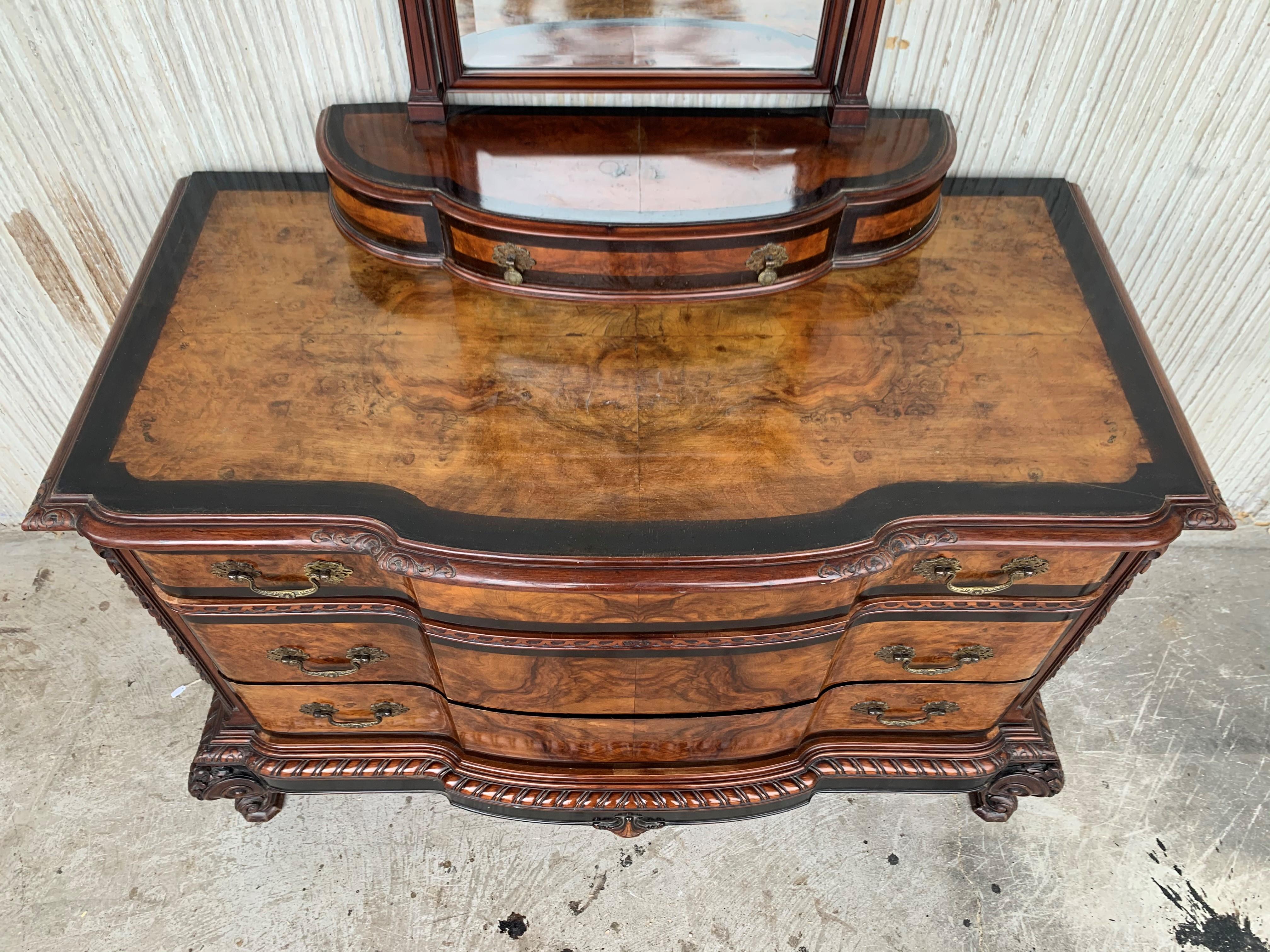 Louis XIV 1900s Venetian Baroque Dresser with mirror in Burl Walnut with Ebonized Details For Sale