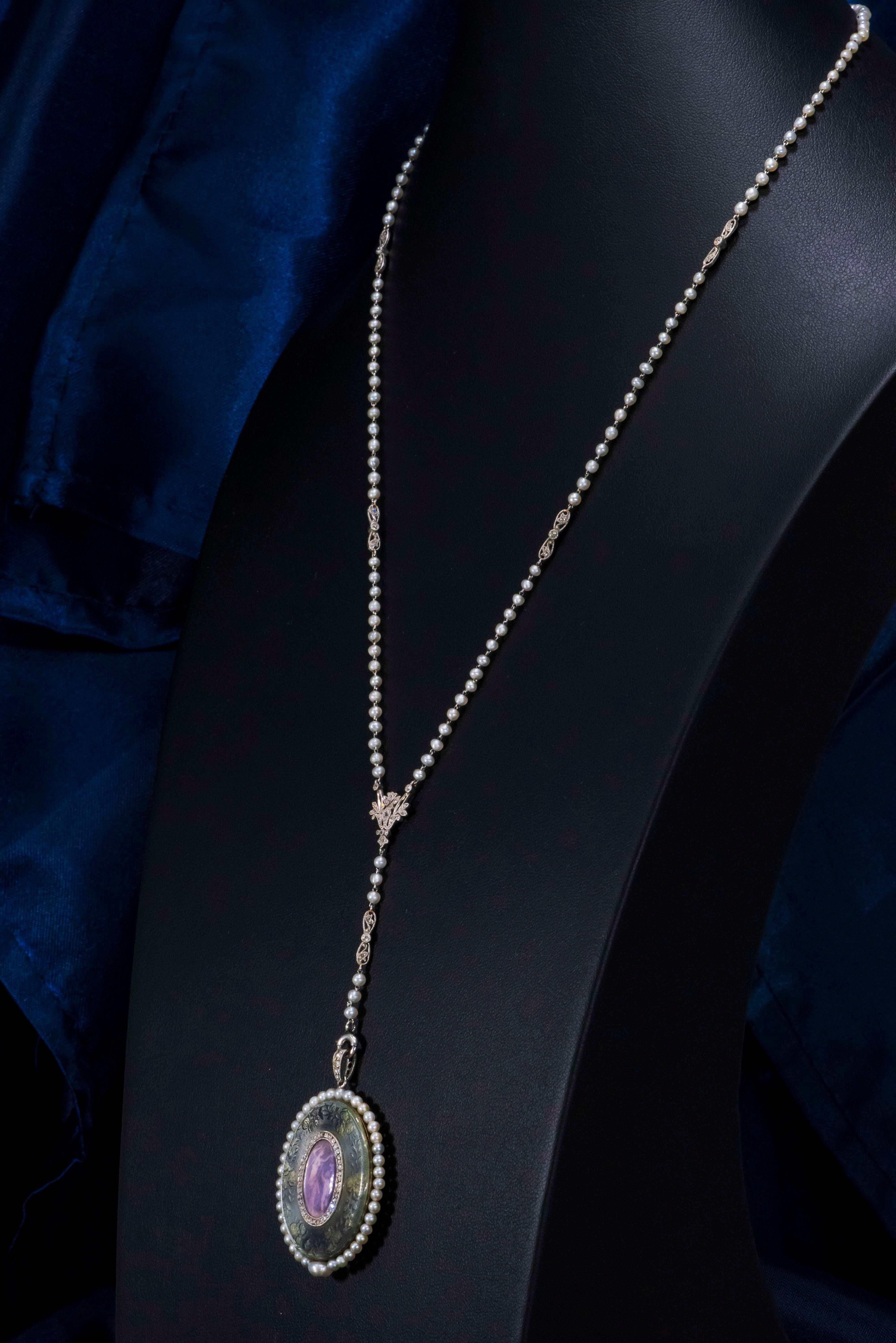 1900s Verger Freres Paillet Platinum Diamond Enamel Pearl Necklace Pendant Watch For Sale 6