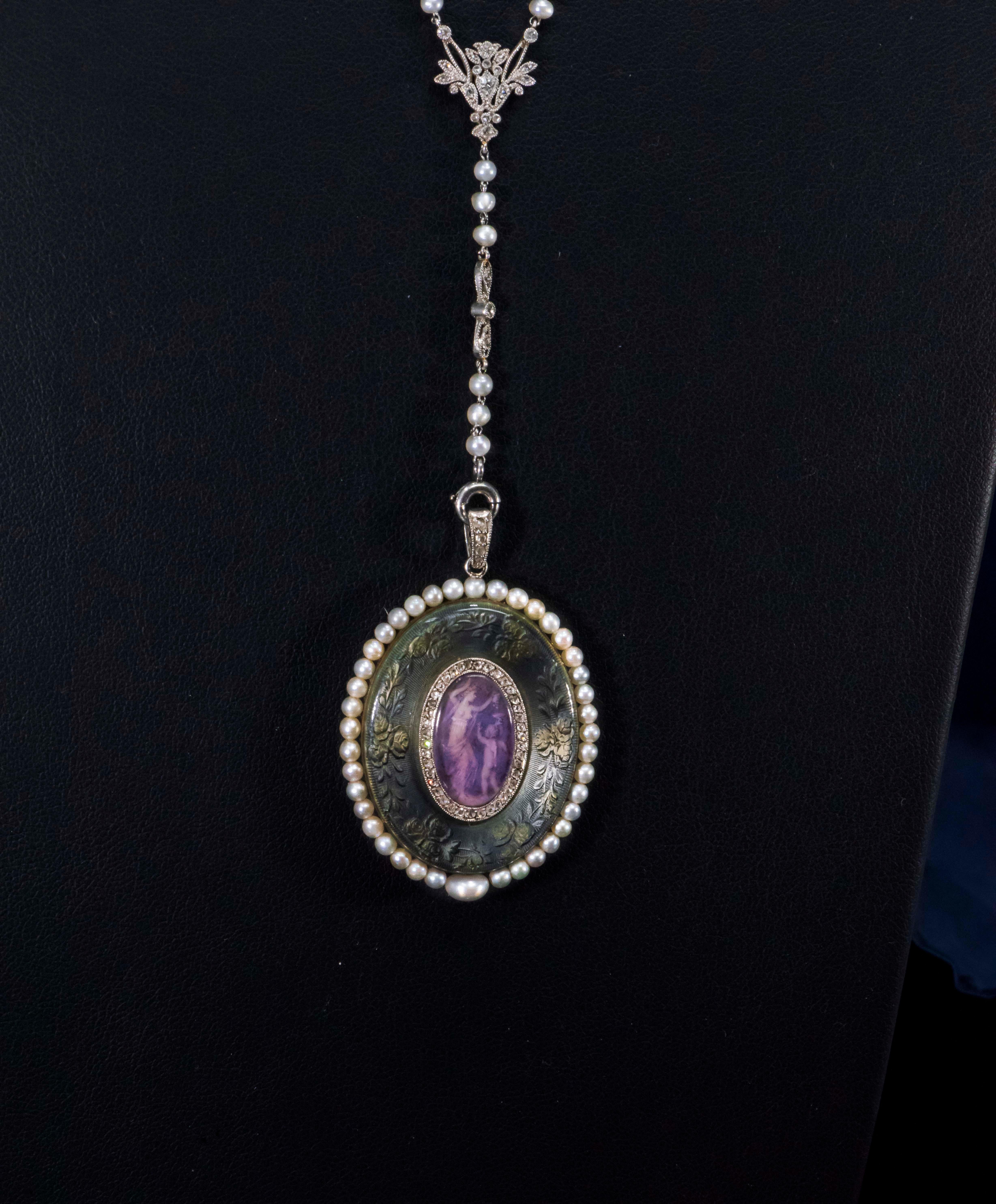 1900s Verger Freres Paillet Platinum Diamond Enamel Pearl Necklace Pendant Watch For Sale 7