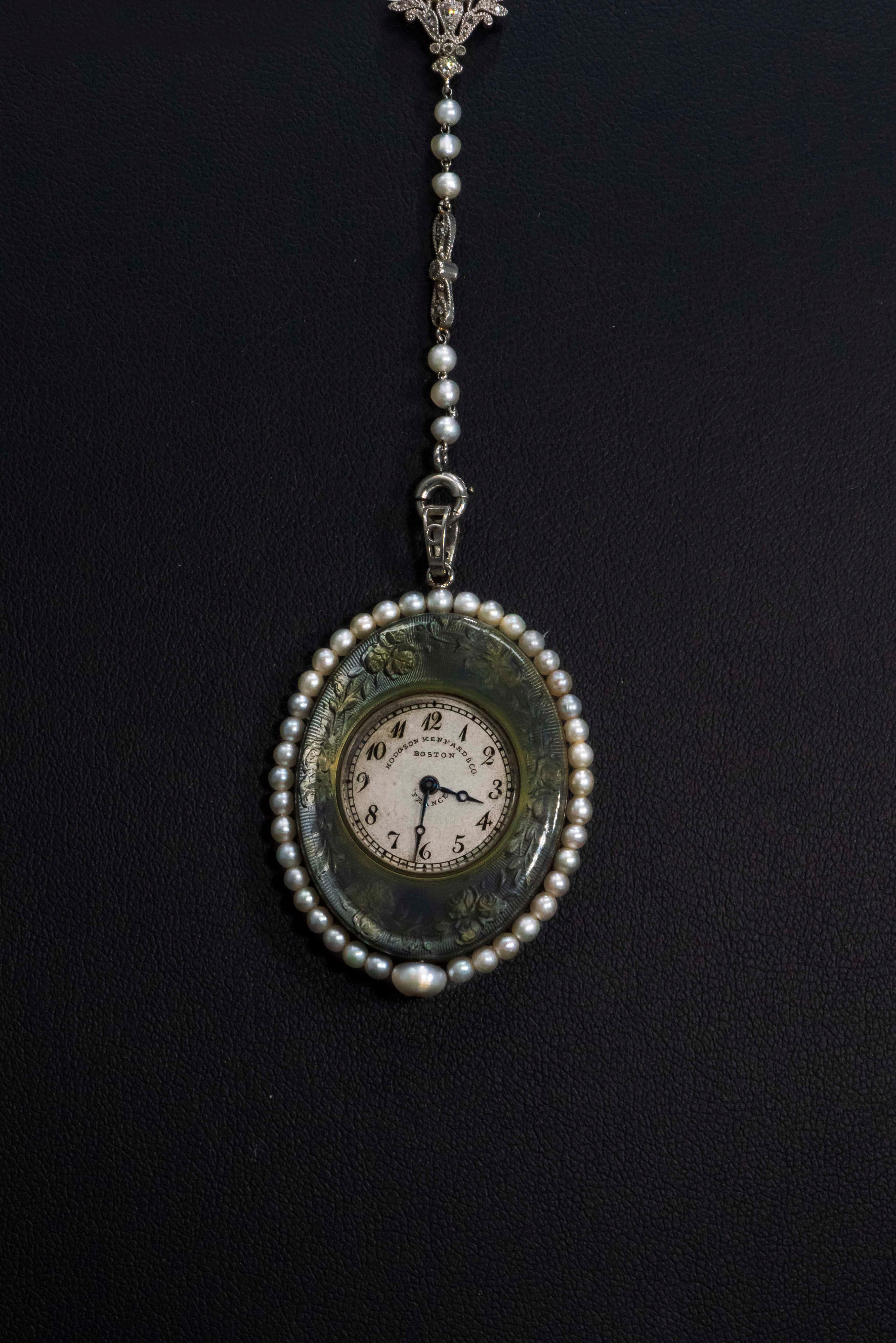 1900s Verger Freres Paillet Platinum Diamond Enamel Pearl Necklace Pendant Watch For Sale 8