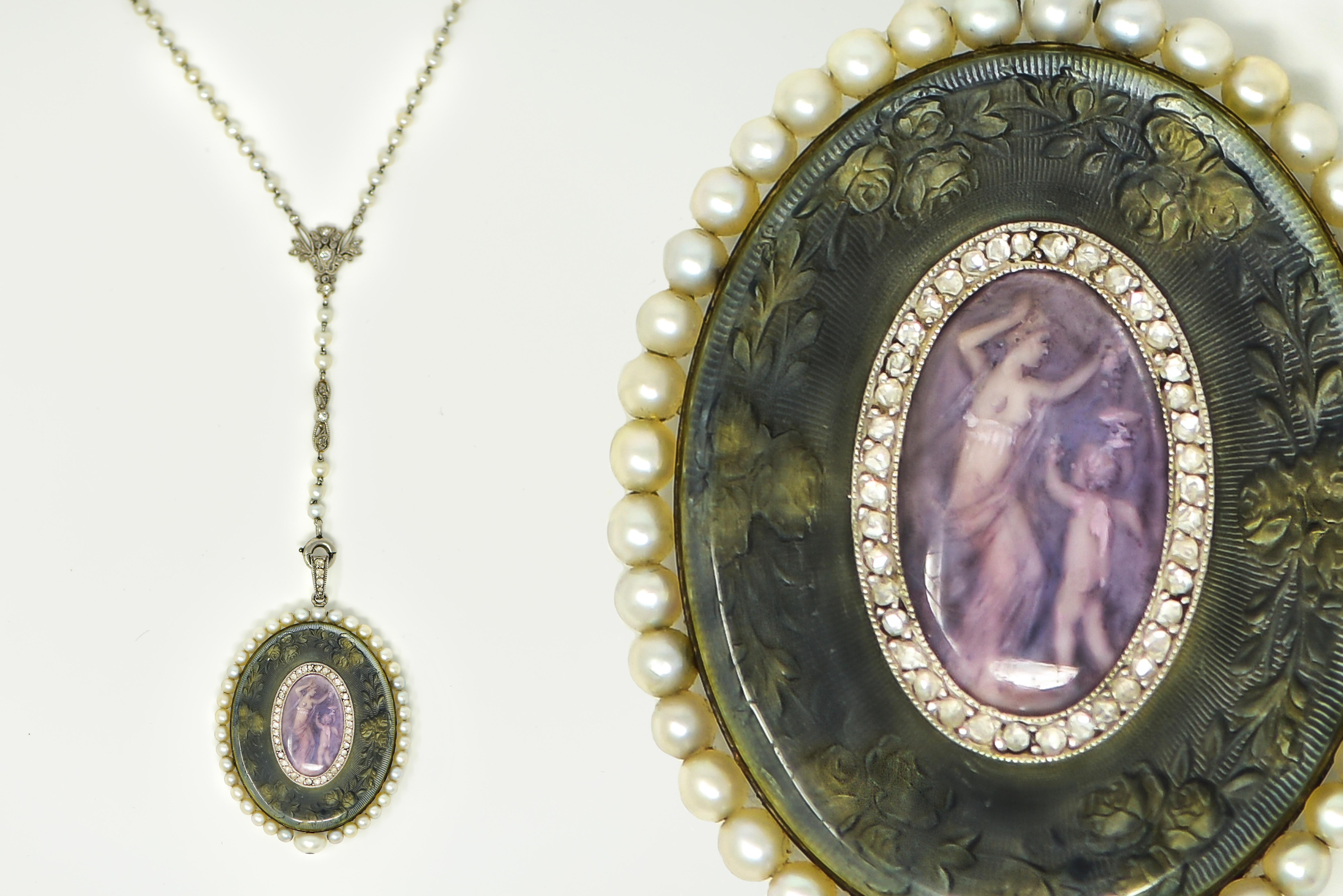 1900s Verger Freres Paillet Platinum Diamond Enamel Pearl Necklace Pendant Watch For Sale 10