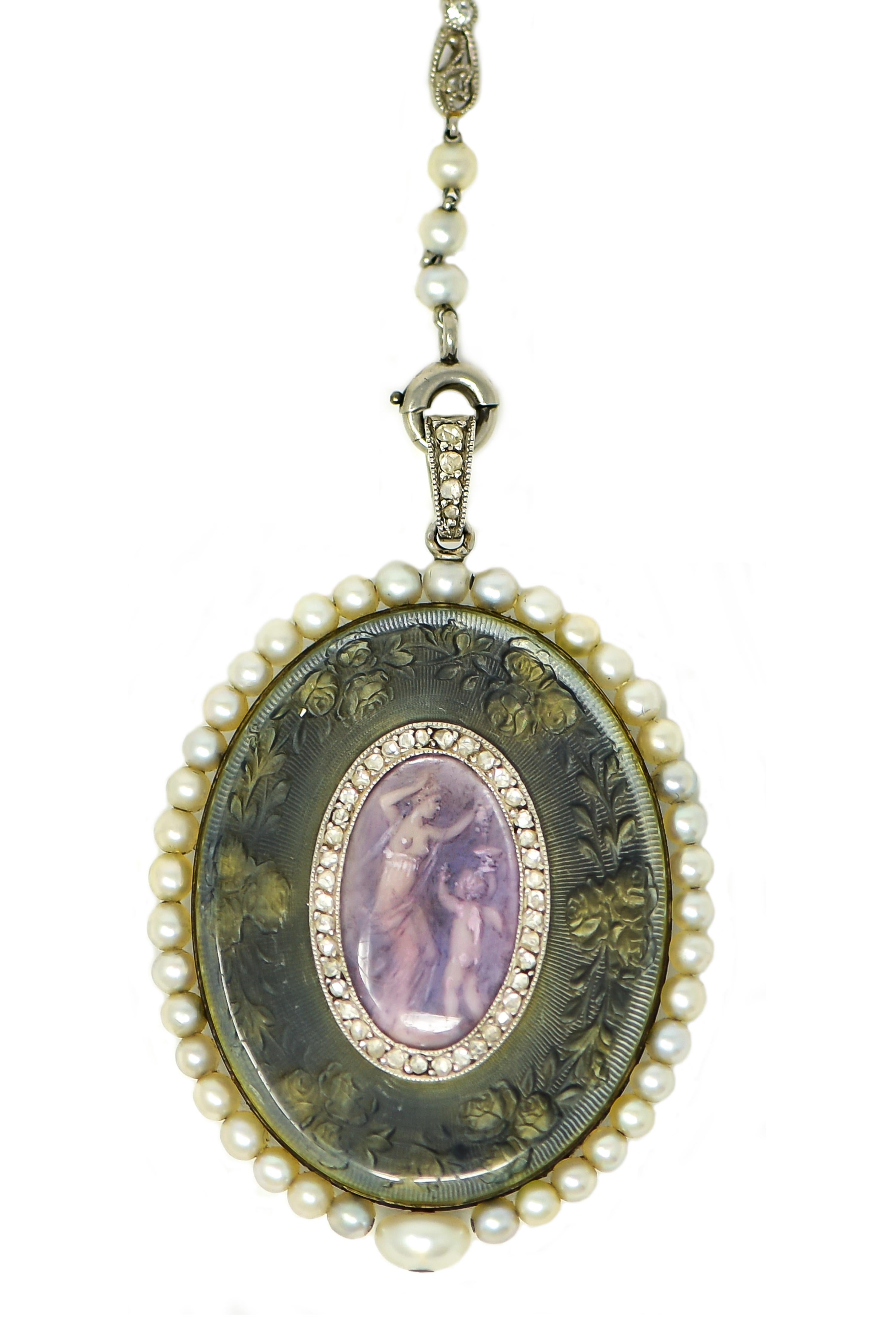 1900s Verger Freres Paillet Platinum Diamond Enamel Pearl Necklace Pendant Watch For Sale 12