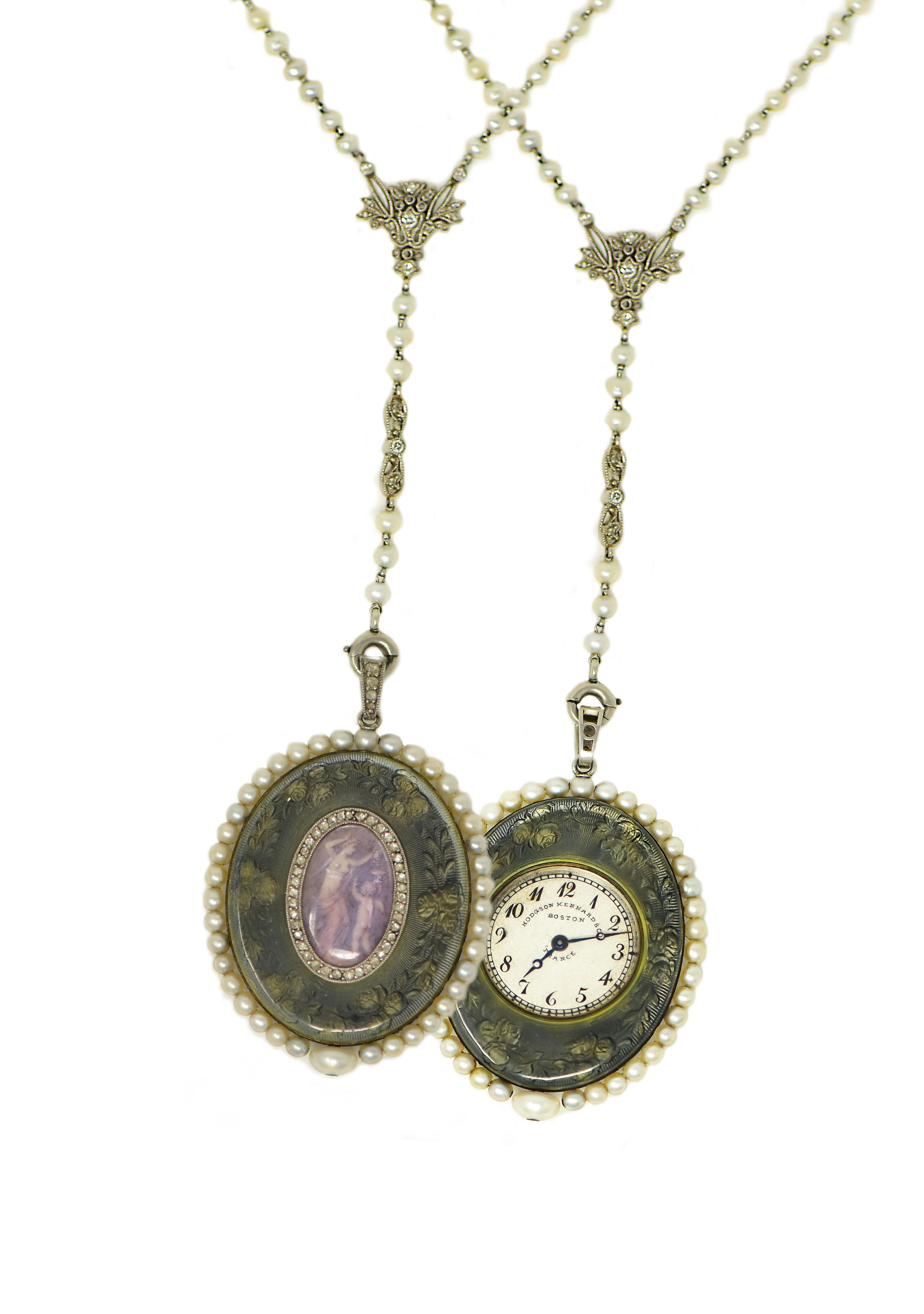 1900s Verger Freres Paillet Platinum Diamond Enamel Pearl Necklace Pendant Watch For Sale 13