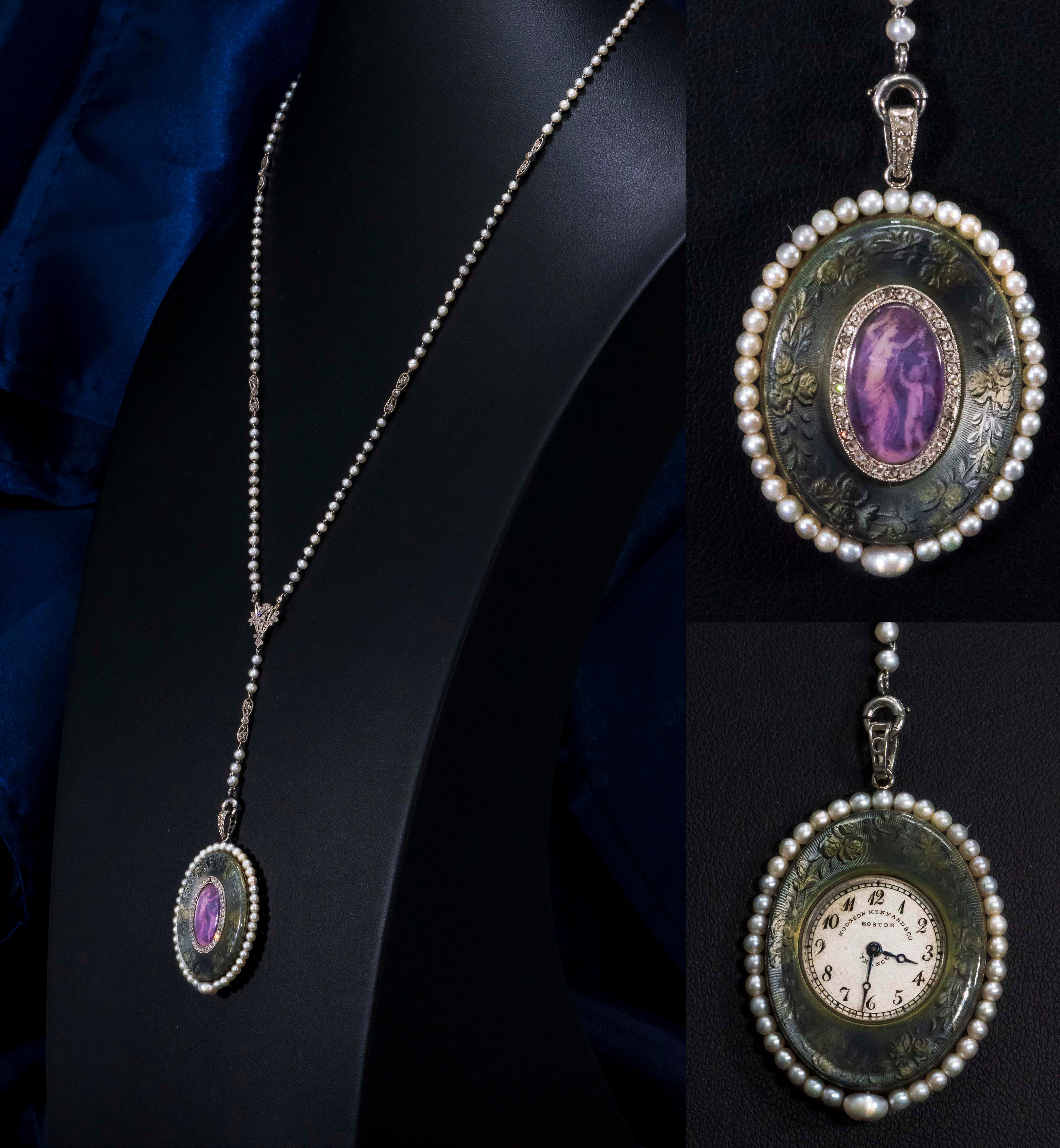 Dimensions

50mm Drop from center Sautiour 
Pendant watch 29mm x 38mm
Pendant thickness 6mm
Signed Verger Freres on Case, French Hallmarked


The present timepiece is a very rare and beautiful platinum Diamond pearl and Enamel pendant watch made