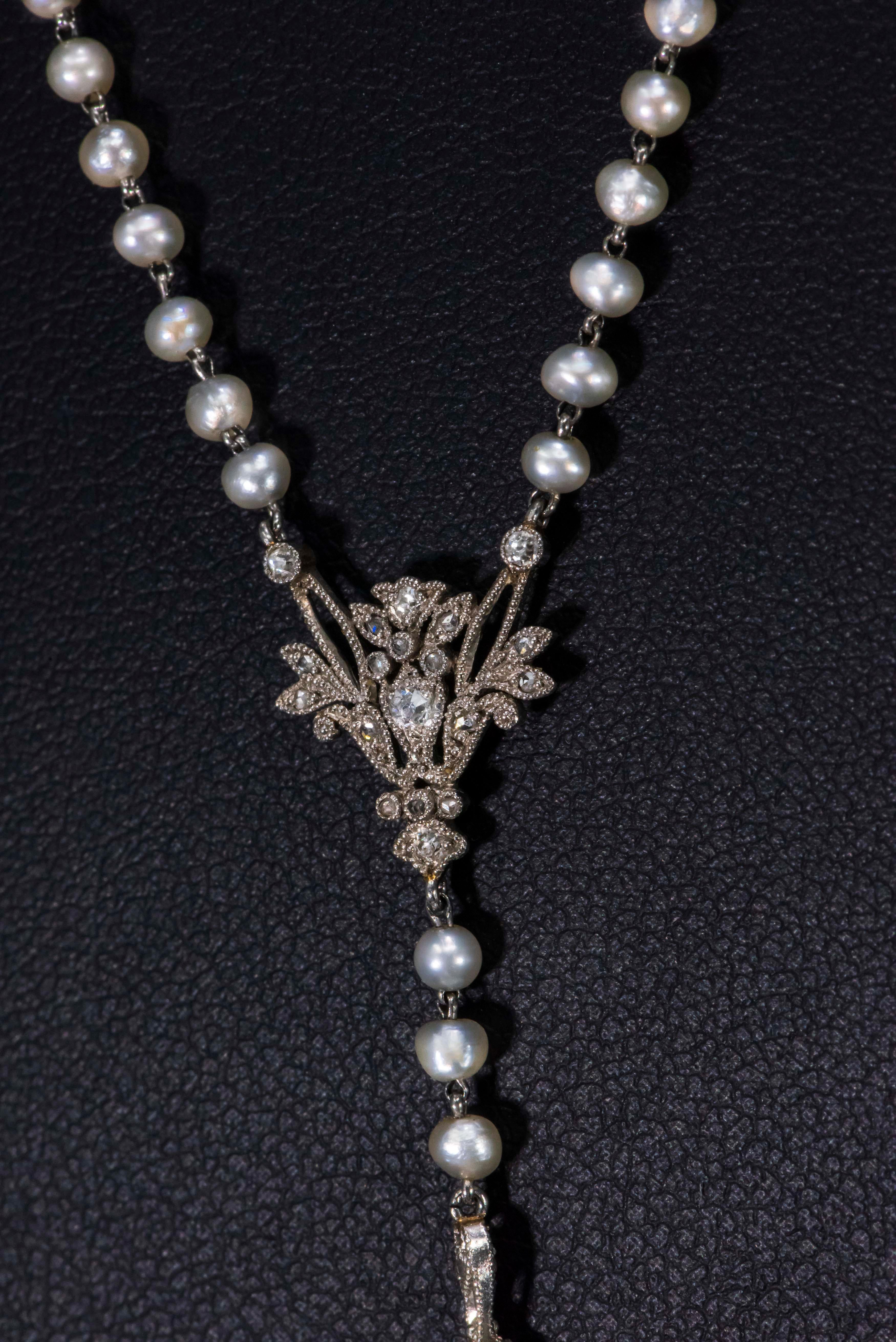 1900s Verger Freres Paillet Platinum Diamond Enamel Pearl Necklace Pendant Watch In Good Condition For Sale In New york, NY