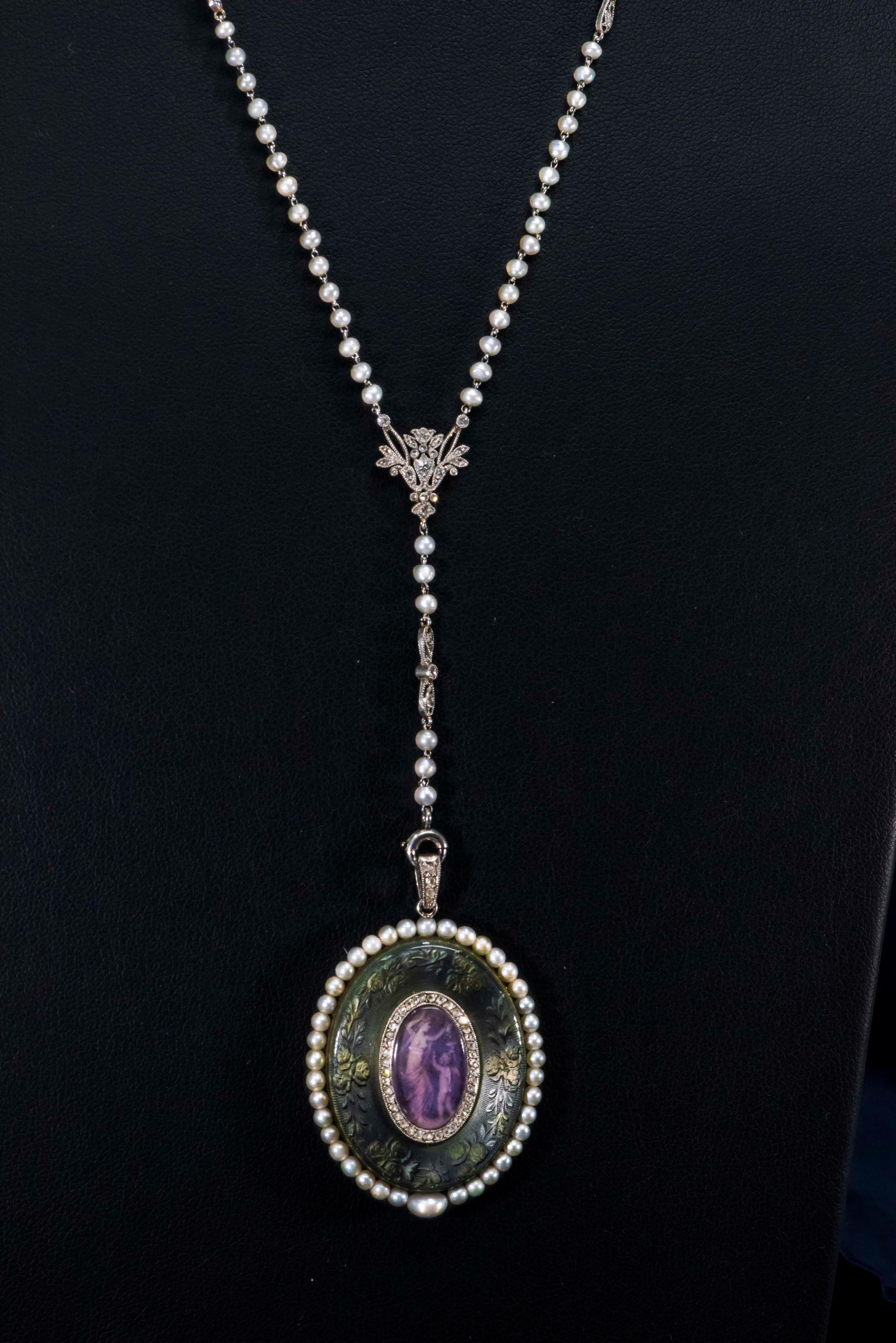 1900s Verger Freres Paillet Platinum Diamond Enamel Pearl Necklace Pendant Watch For Sale 1