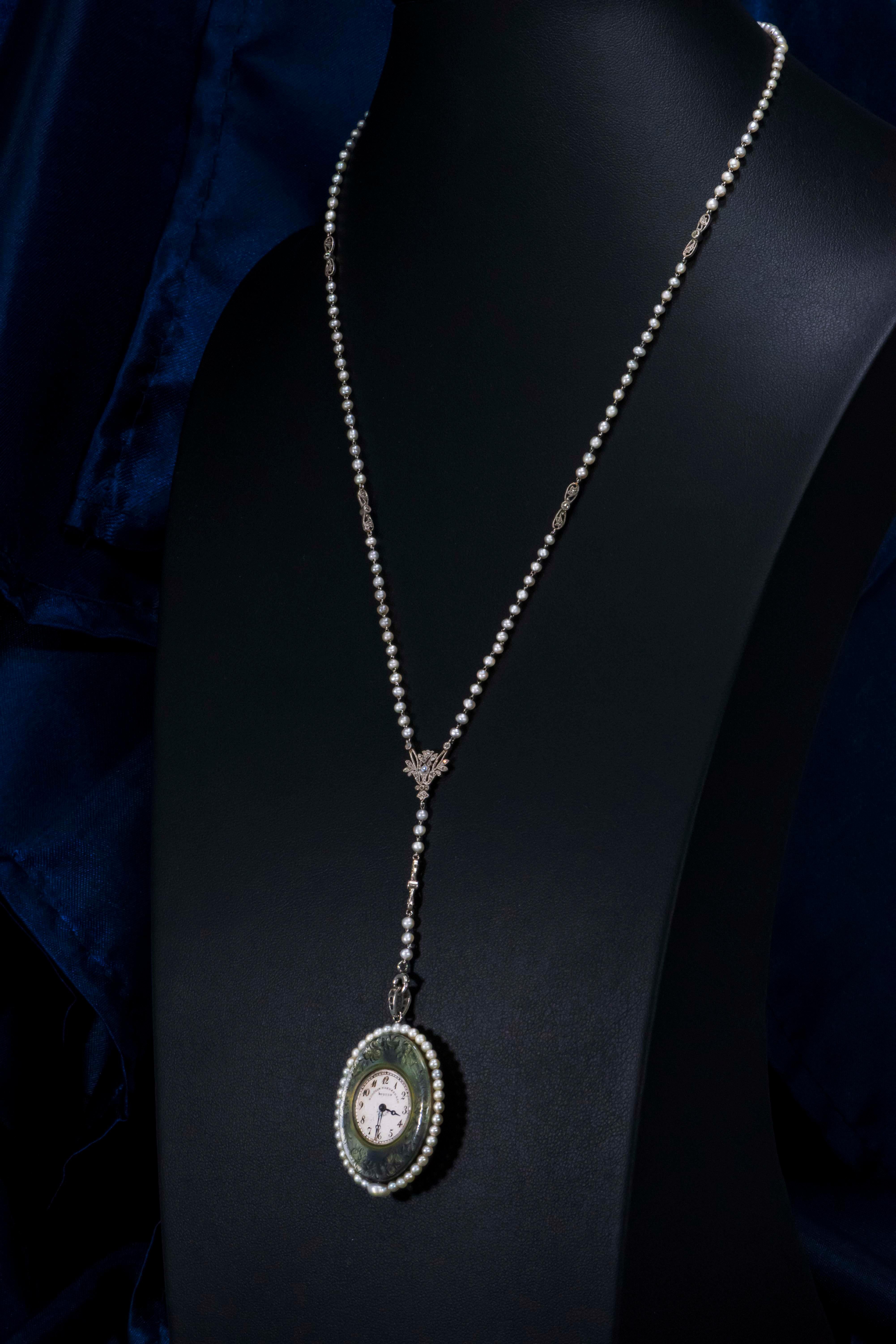 1900s Verger Freres Paillet Platinum Diamond Enamel Pearl Necklace Pendant Watch For Sale 2