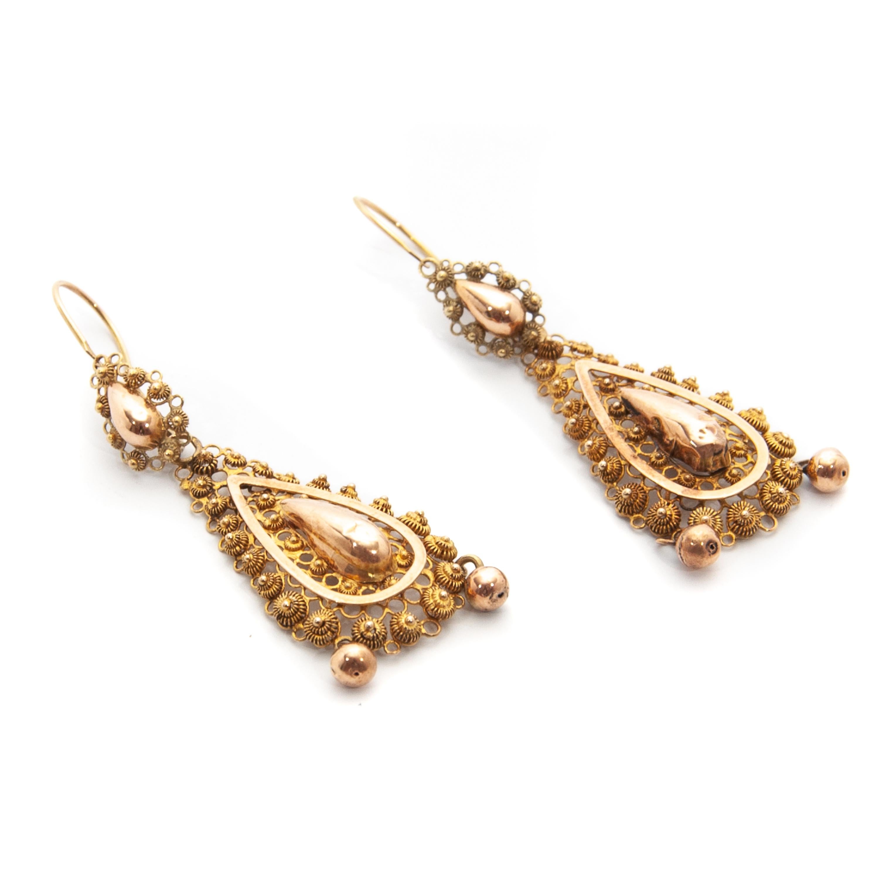 Women's Antique 14 Karat Yellow Gold Openwork Dangle Earrings For Sale