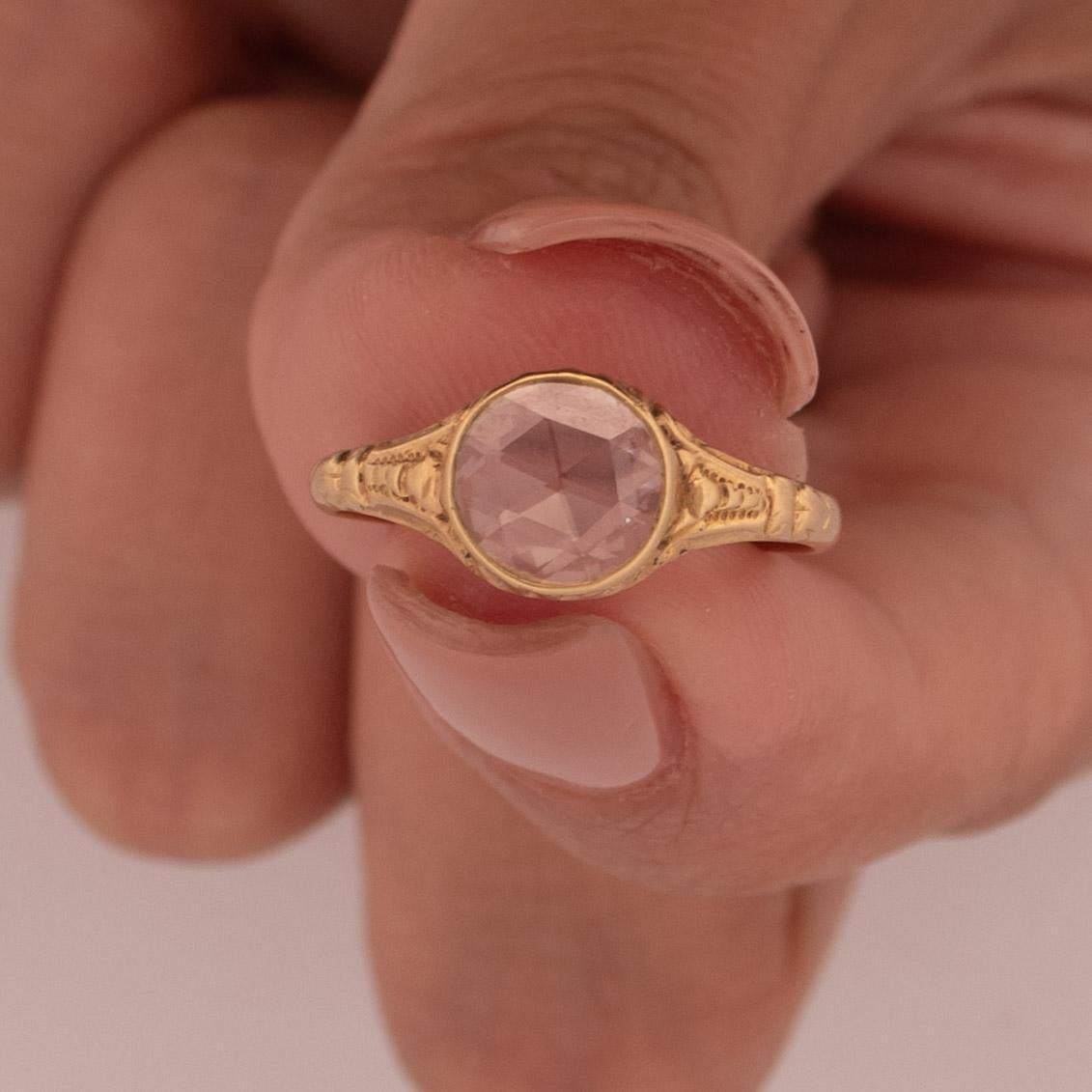1900's Victorian 18K Gold Rose Cut Diamond Low Profile Filigree Carved Solitaire For Sale 6