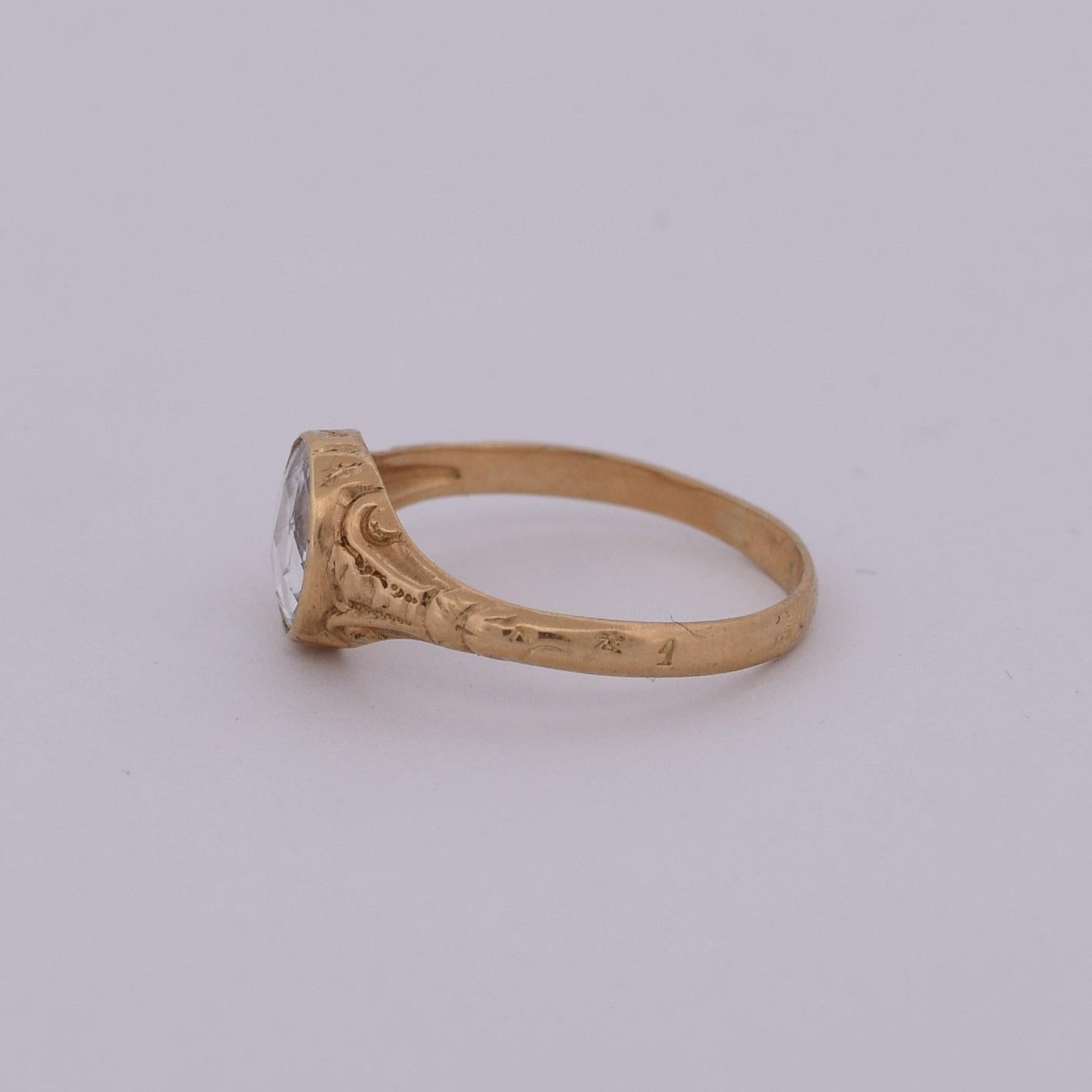 1900's Victorian 18K Gold Rose Cut Diamond Low Profile Filigree Carved Solitaire For Sale 1