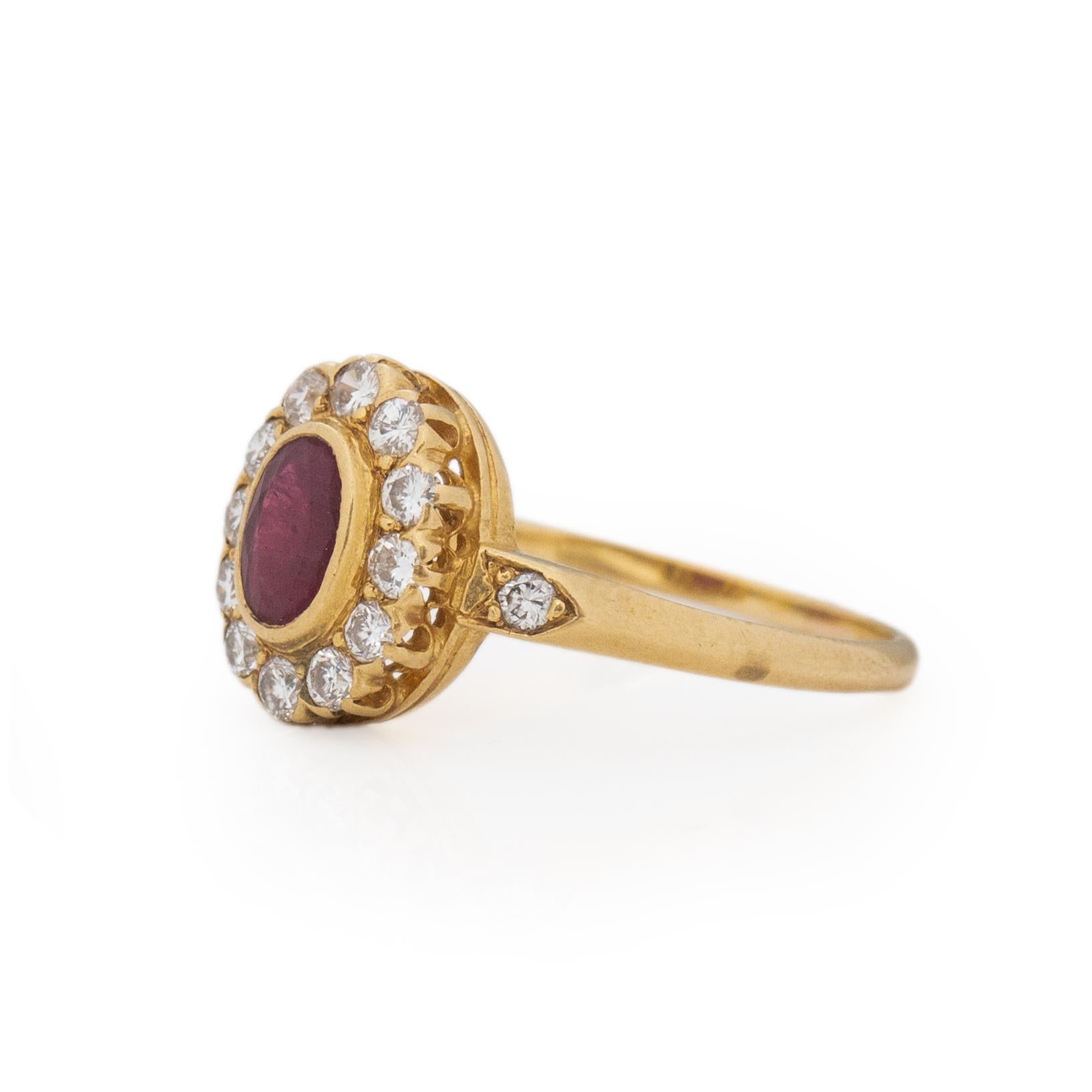 Oval Cut 1900's Victorian 18K Yellow Gold Antique Ruby with Diamond Halo Fashion Ring