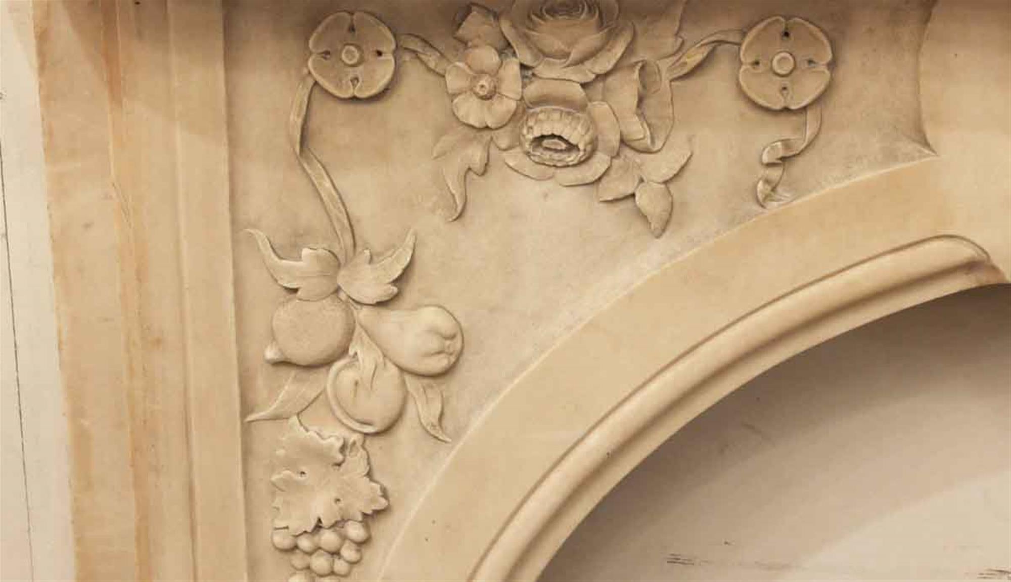 American 1900s Victorian Hand Carved Tan Arched Marble Mantel with Bird and Floral Motif