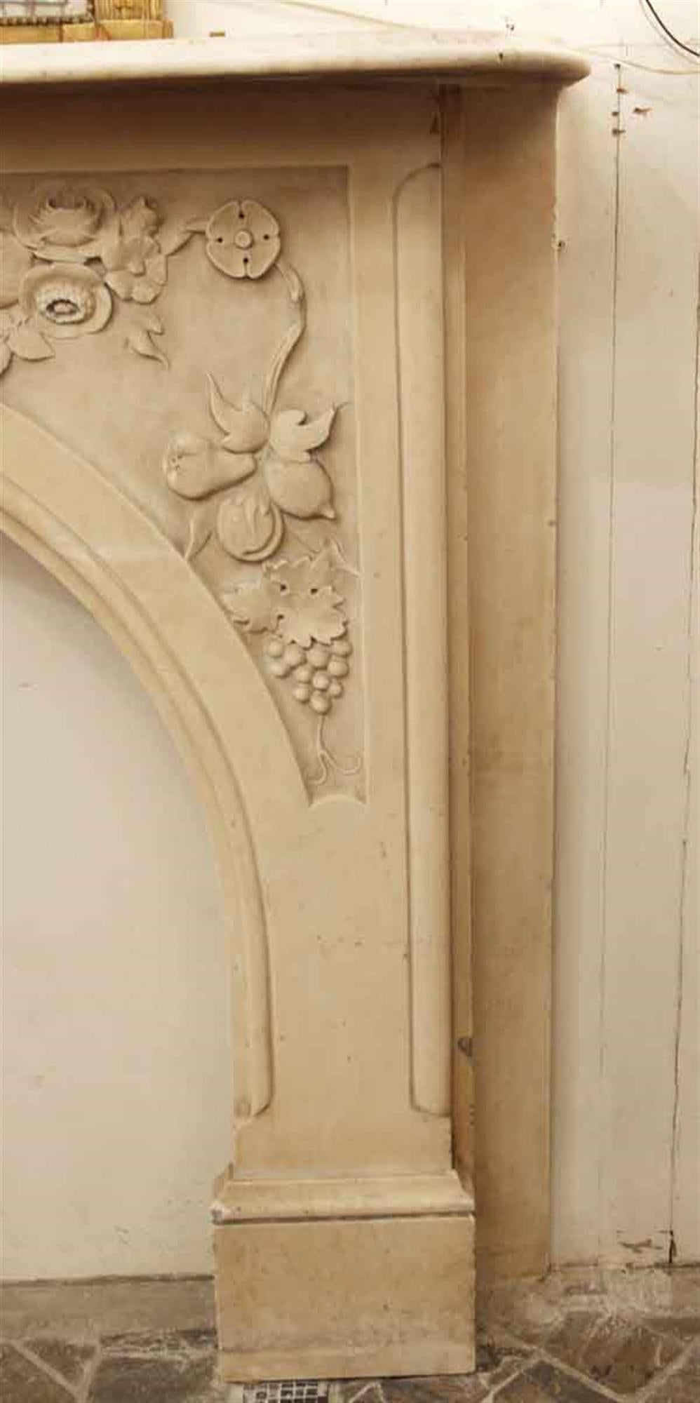 Hand-Carved 1900s Victorian Hand Carved Tan Arched Marble Mantel with Bird and Floral Motif