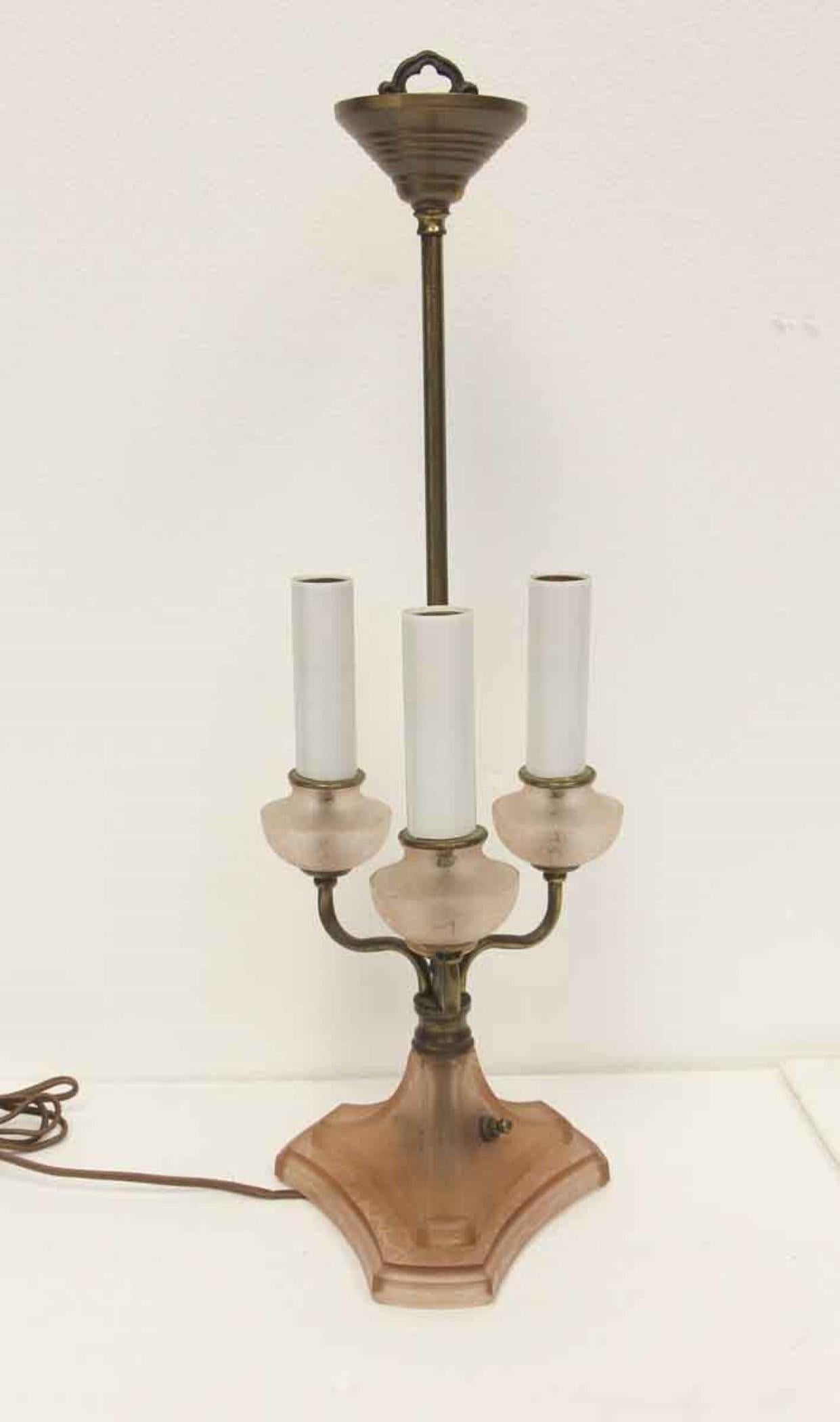 1900s Victorian transparent pink cast glass table lamp featuring a crackled surface and three candlestick arm lights. Please note, this item is located in our Scranton, PA location.