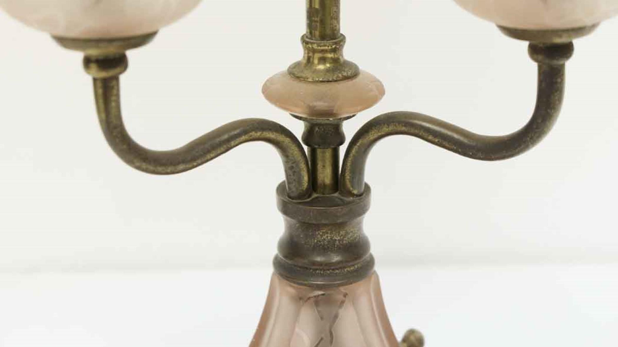 Early 20th Century 1900s Victorian Pink Glass Table Lamp Candelabra Lights For Sale