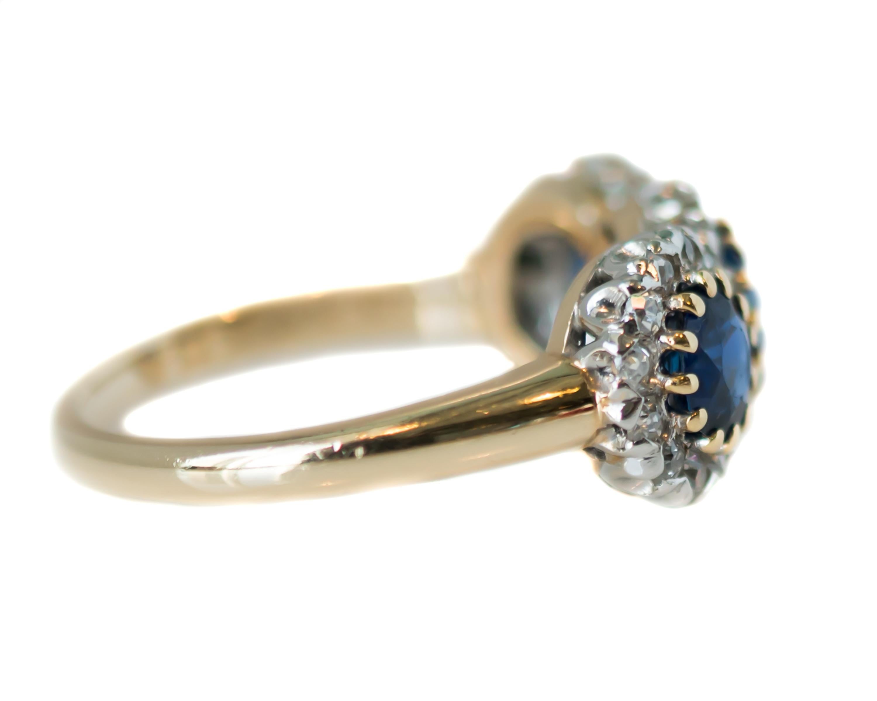 Round Cut 1900s Victorian Three-Stone Sapphire, Diamond 14 Karat Gold and Platinum Ring