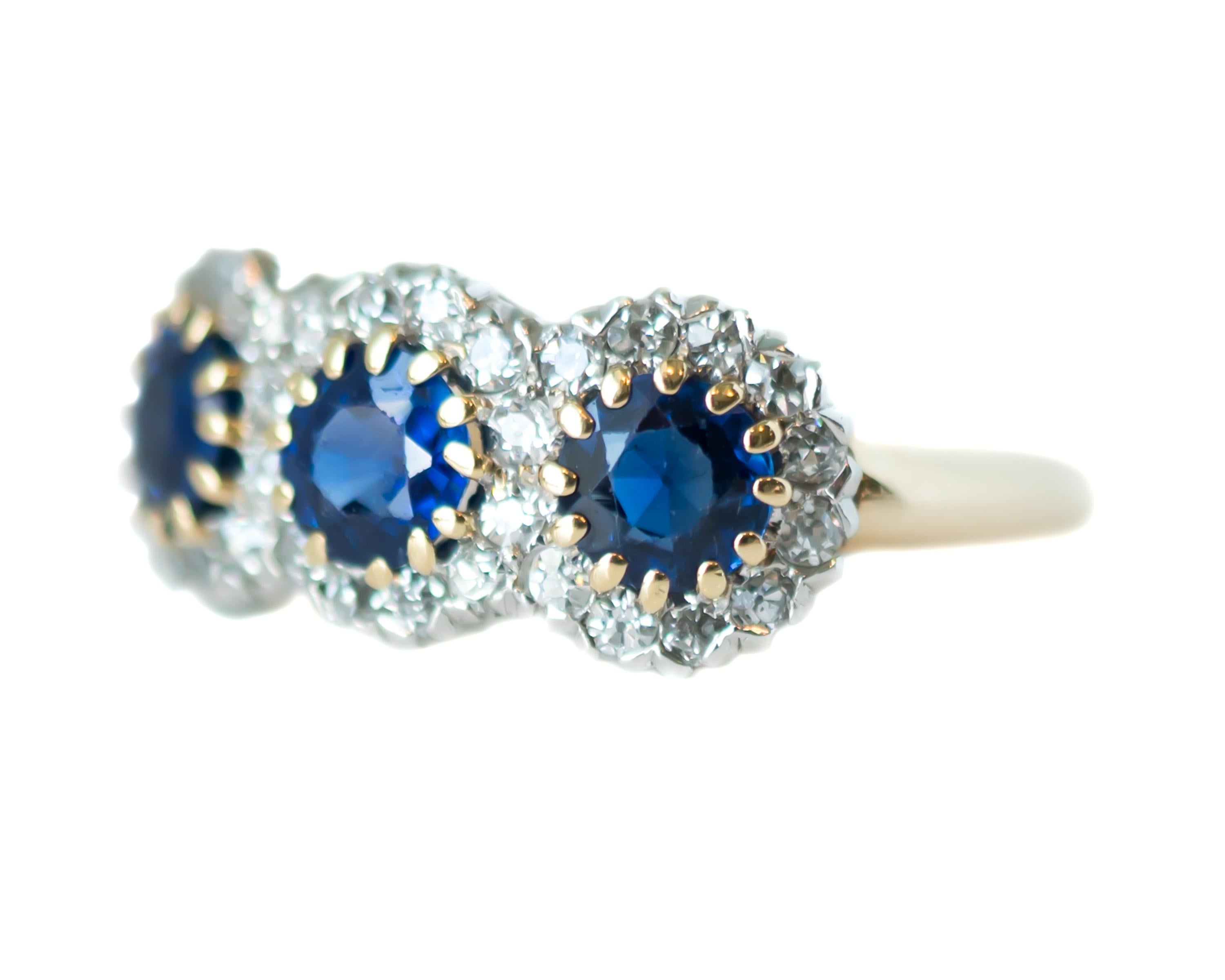 1900s Victorian Three-Stone Sapphire, Diamond 14 Karat Gold and Platinum Ring 1