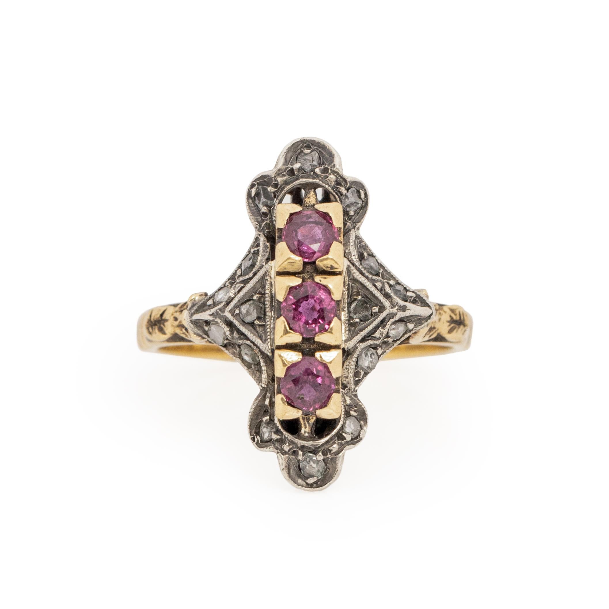 Women's or Men's 1900's Victorian Two Tone 18K Antique Three Stone Ruby Shield Ring