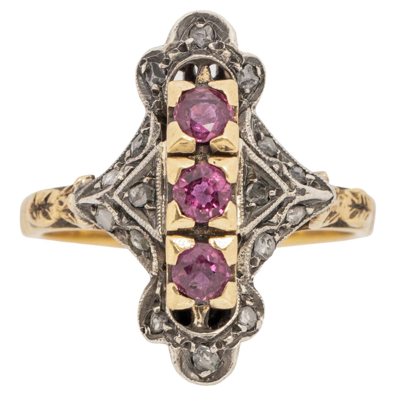 1900's Victorian Two Tone 18K Antique Three Stone Ruby Shield Ring