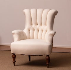 1900s Victorian White Cotton in Deconstructed Style Tufted Scroll-Back Chair