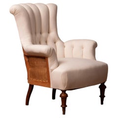 1900s Victorian White Cotton in Deconstructed Style Tufted Scroll-Back Chair