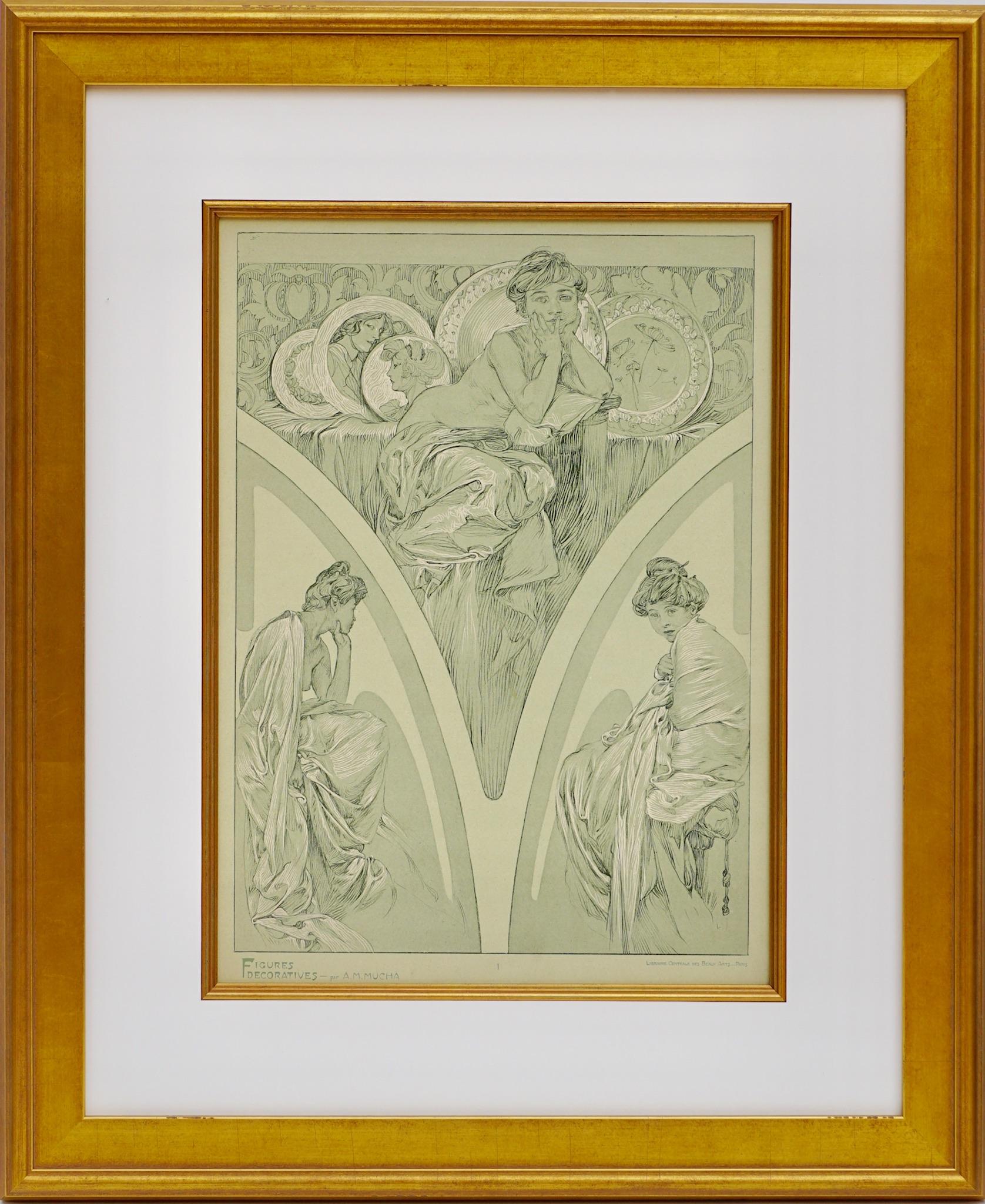 A framed Art Nouveau poster by Alphone Mucha from 1905 representing Muchas sketched designs of nudes, woman and beautiful ladies in greens and whites on velem paper. Plate 1. 

Figures Decoratives par A. M. Mucha, PARIS Librairie Centrale des