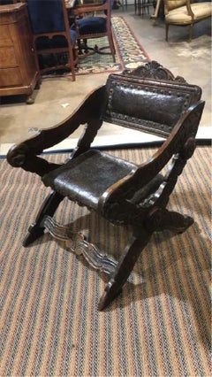 1900's Vintage / Antique, Gondola Style, Italian Walnut, Carved, Leather Chair!