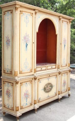 1900s Vintage Bookcase, Painted, Off White With Flowers and Gold Trim, Drawers!!